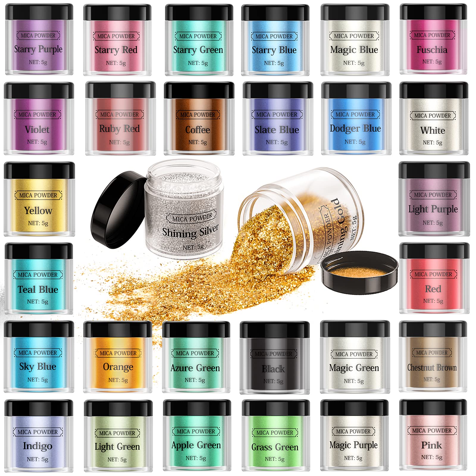 30 Colors Mica Powder Pigment Kit for Epoxy Resin, DIY Crafts, Soap Making, Bath Bombs, Slime, Jewelry, Face Makeup & Nail Art – Vibrant Non-Toxic Colorants for Creative Projects at Home