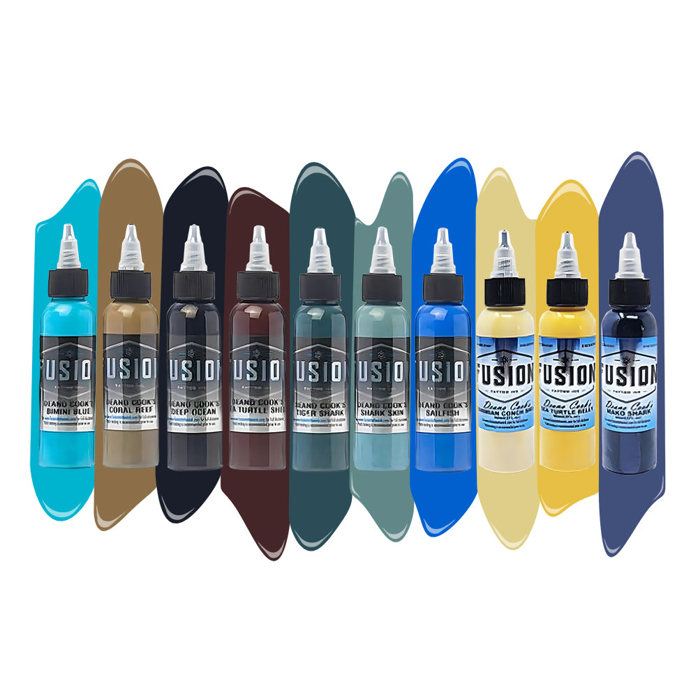 Deano Cook 10-Color Professional Tattoo Ink Palette Set - 1oz Bottles - Signature Fusion Pigments for Tattoo Artists & Body Art Professionals - Perfect for Studio Work & Tattoo Conventions