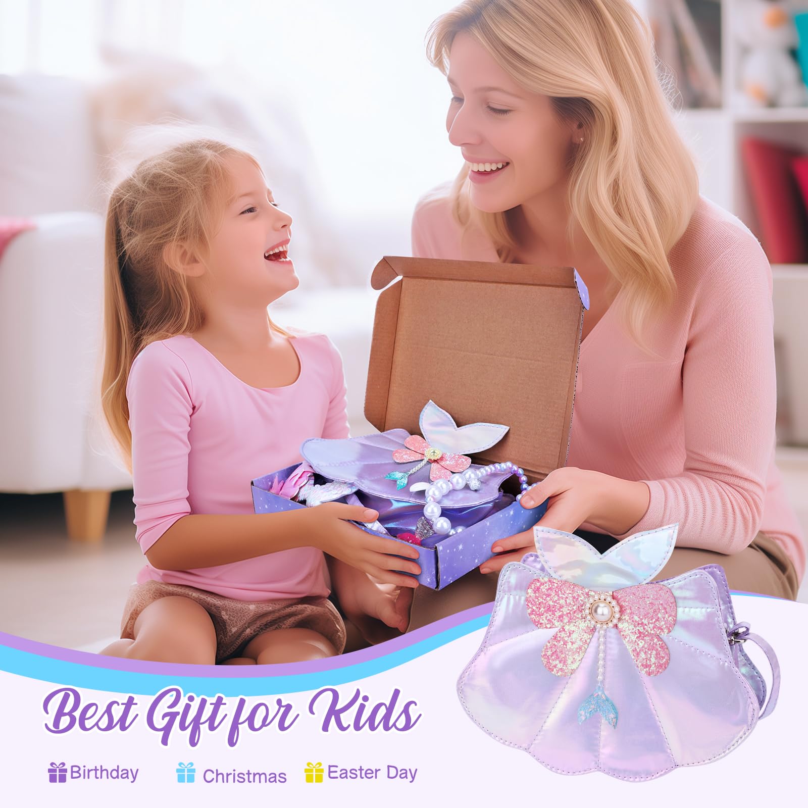 Belle&Birdie Little Girl Purse Set with Seashell Toys & 6-Piece Dress Up Jewelry - Pretend Play Accessories for Toddlers & Kids - Perfect for Birthday Gifts, Tea Parties & Dress-Up Play