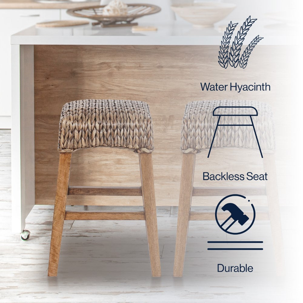 Bohemian Hyacinth & Wood Backless Counter Stool - Rustic Maui Style Bar Stool for Kitchen Island, Breakfast Nook & Outdoor Dining