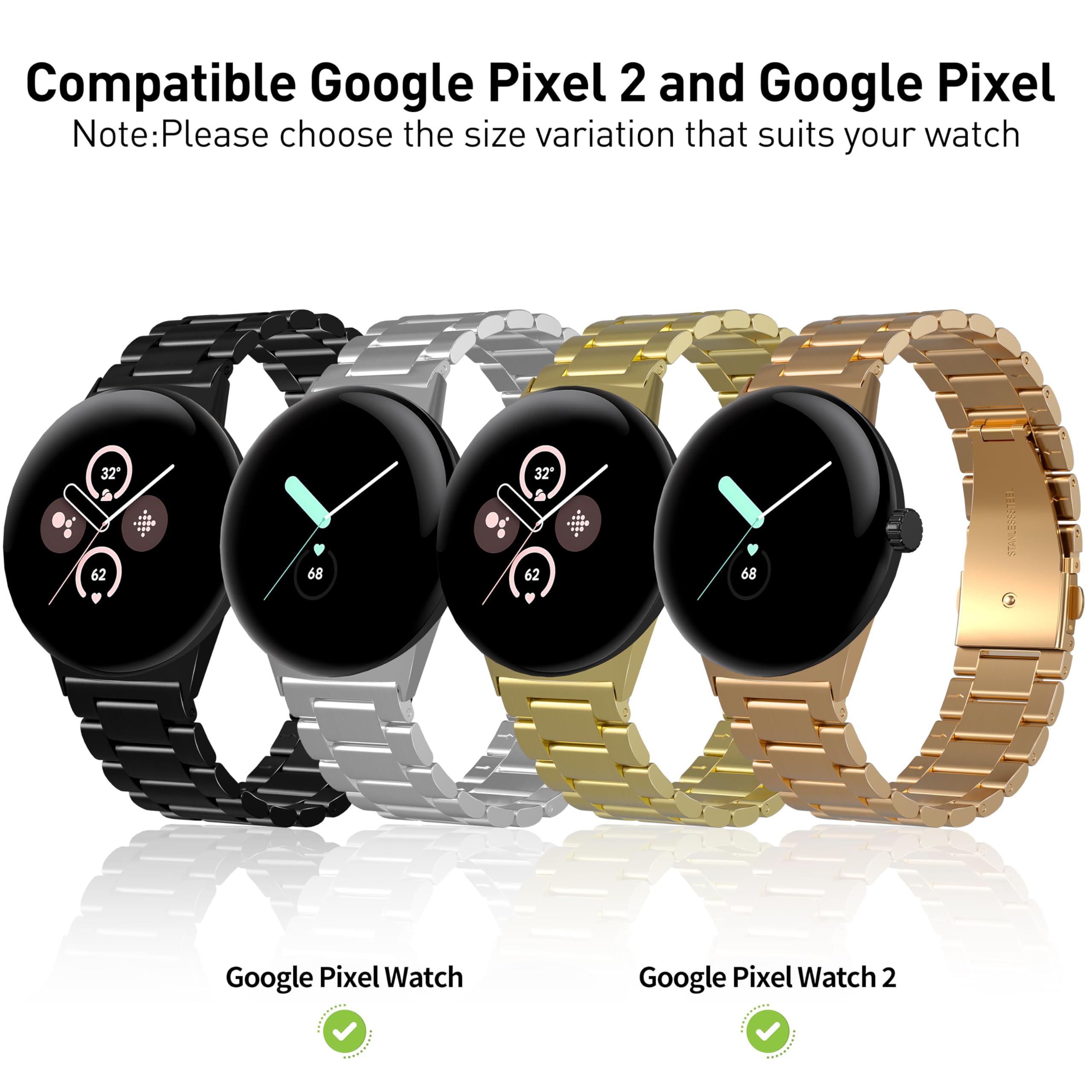 Google Pixel Watch 2 Band - Stainless Steel Strap with Double Clasp for Workout & Daily Wear