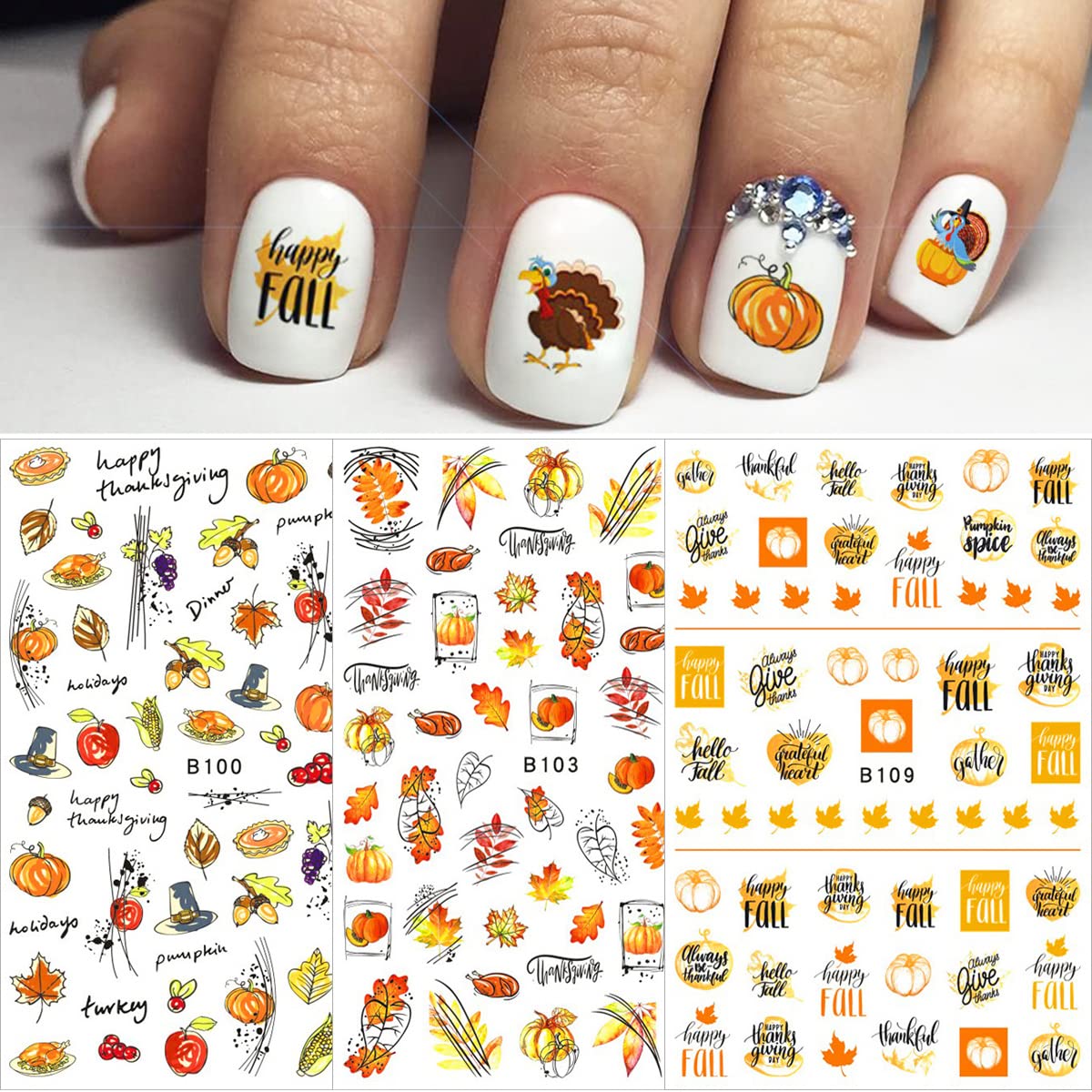 12 Sheets 3D Fall Nail Art Stickers - Autumn Leaves, Maple Leaf & Pumpkin Thanksgiving Nail Decals for Women | DIY Manicure Decorations for Halloween, Thanksgiving Parties & Seasonal Nail Designs