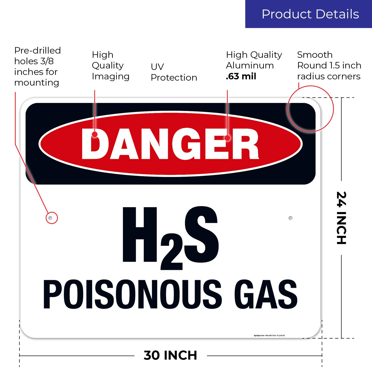 Danger H2S Poisonous Gas Sign - OSHA Compliant 24x30 Inches Rust-Free .063 Aluminum Sign - Fade Resistant for Indoor & Outdoor Use - Made in USA - Perfect for Chemical Plants, Oil Refineries & Hazardous Work Areas