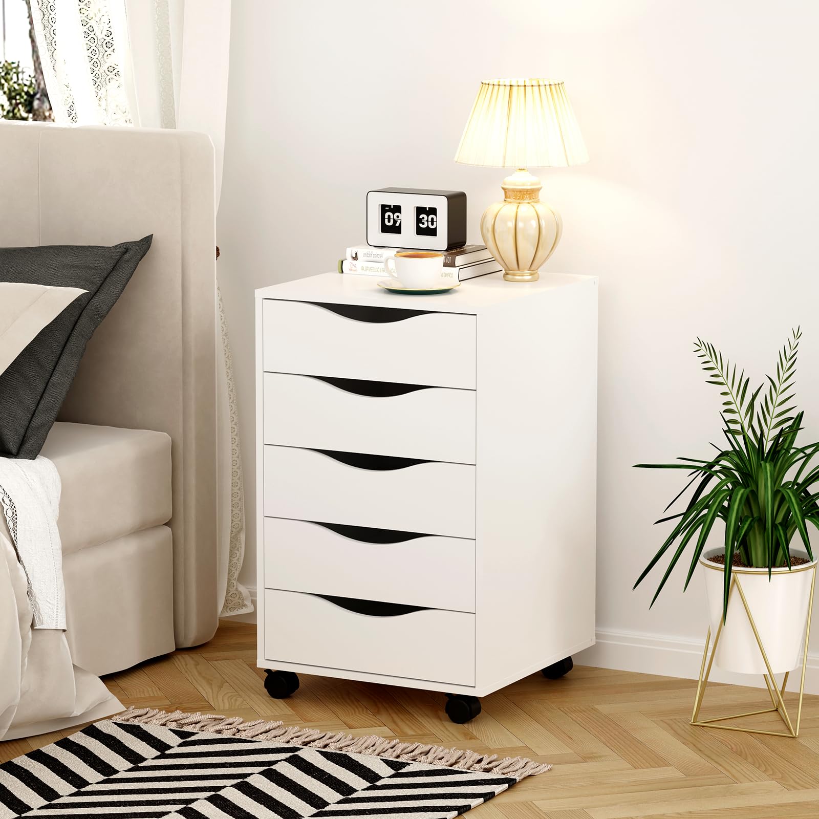 QDSSDECO 5-Drawer Wooden File Cabinet with Wheels - Rolling Storage Dresser for Home Office Organization, White - Perfect for Document Storage & Office Furniture Needs