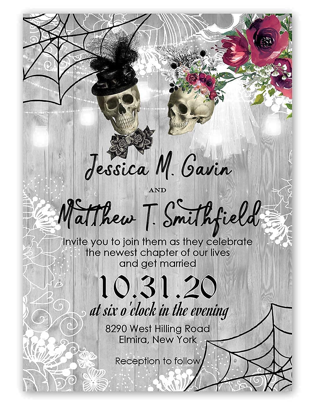 Elegant Skull Wedding Invitations Set of 50 - Gothic Halloween Party Cards for Dark Romance Theme Weddings & Spooky Celebrations