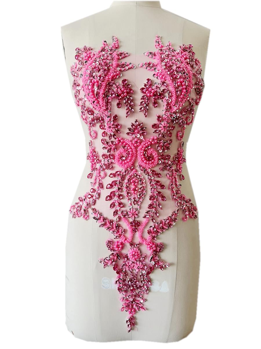 Handmade Shiny Rhinestone Applique Patches - Crystal Beaded Sequins Lace Trim for Prom Dresses, Clothing & DIY Decoration (Pink) | Perfect for Evening Gowns, Bridal Wear & Costume Design