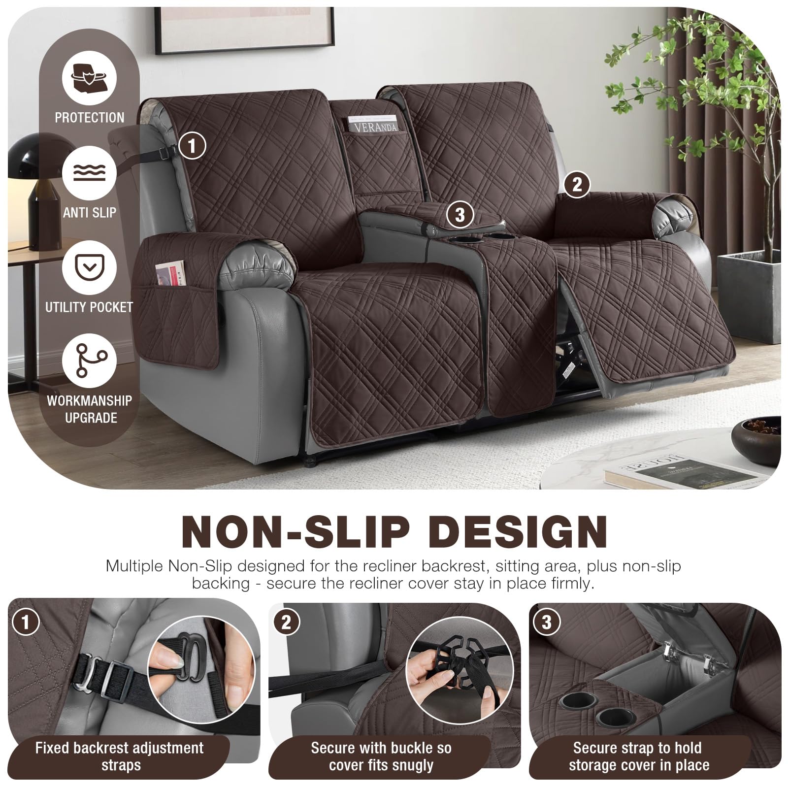 TAOCOCO Loveseat Recliner Cover with Console - Non-Slip Recliner Chair Slipcover in Chocolate Brown - Perfect for Living Room, Home Theater, and Family Room Furniture Protection