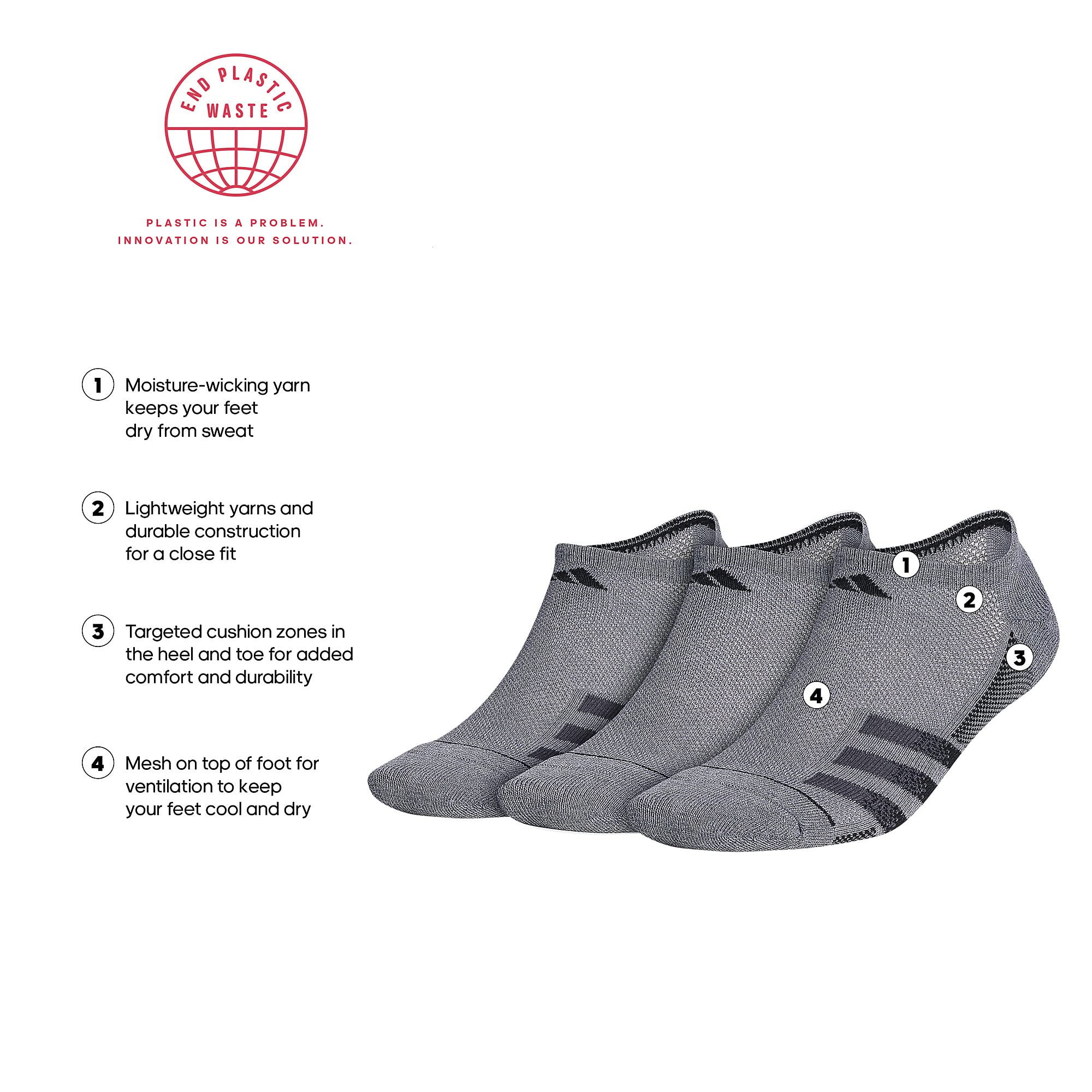 adidas Men's Superlite Stripe 3 No Show Socks 3-Pack - Breathable Athletic Socks for Running, Gym & Casual Wear