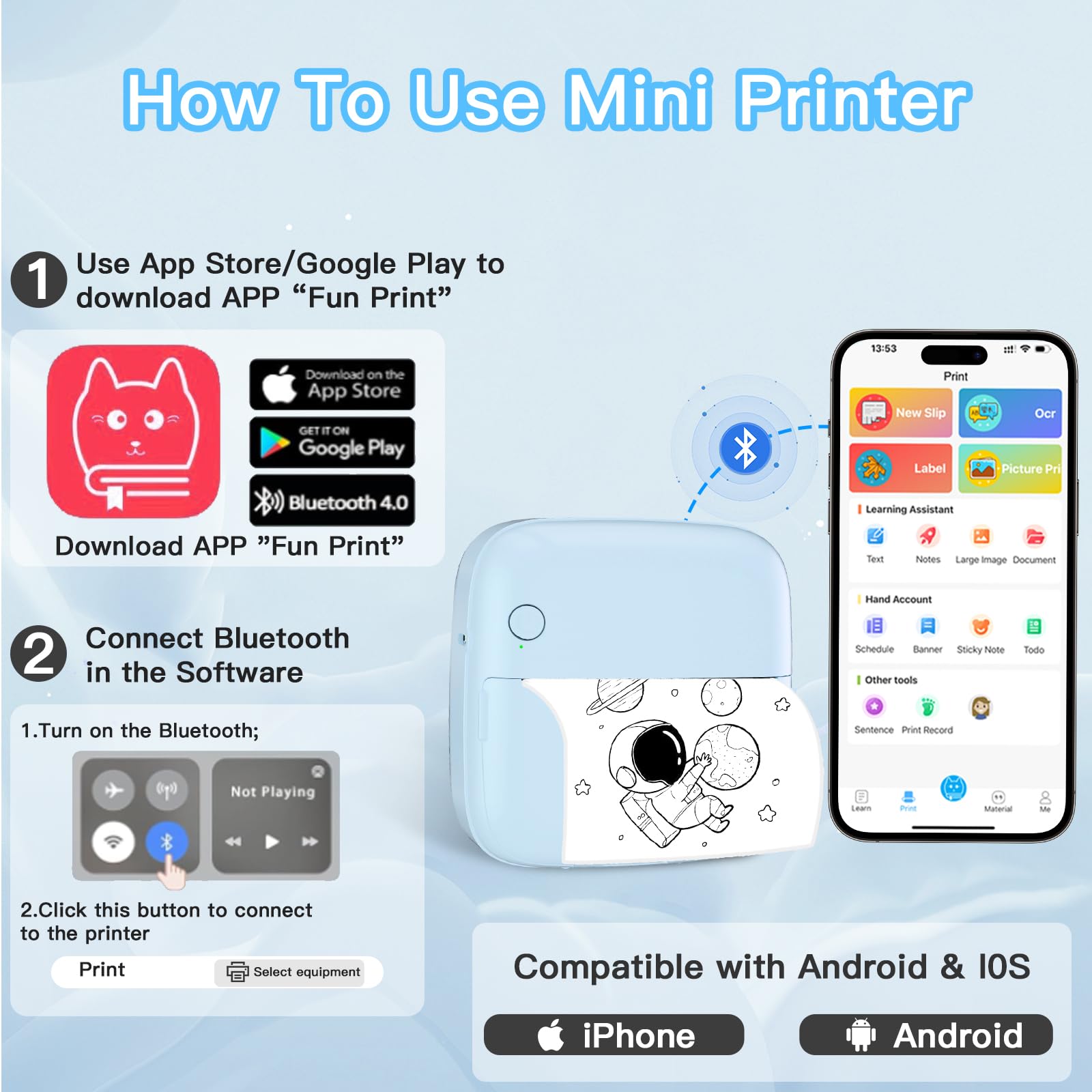 Mini Sticker Printer with 6 Rolls Paper - Portable Thermal Label Maker for DIY Scrapbooking, Travel Journaling, Note Taking & Memos - 7 Color LED Light Modes - iOS & Android Compatible - Perfect for Home Office, School Projects & Gift Giving