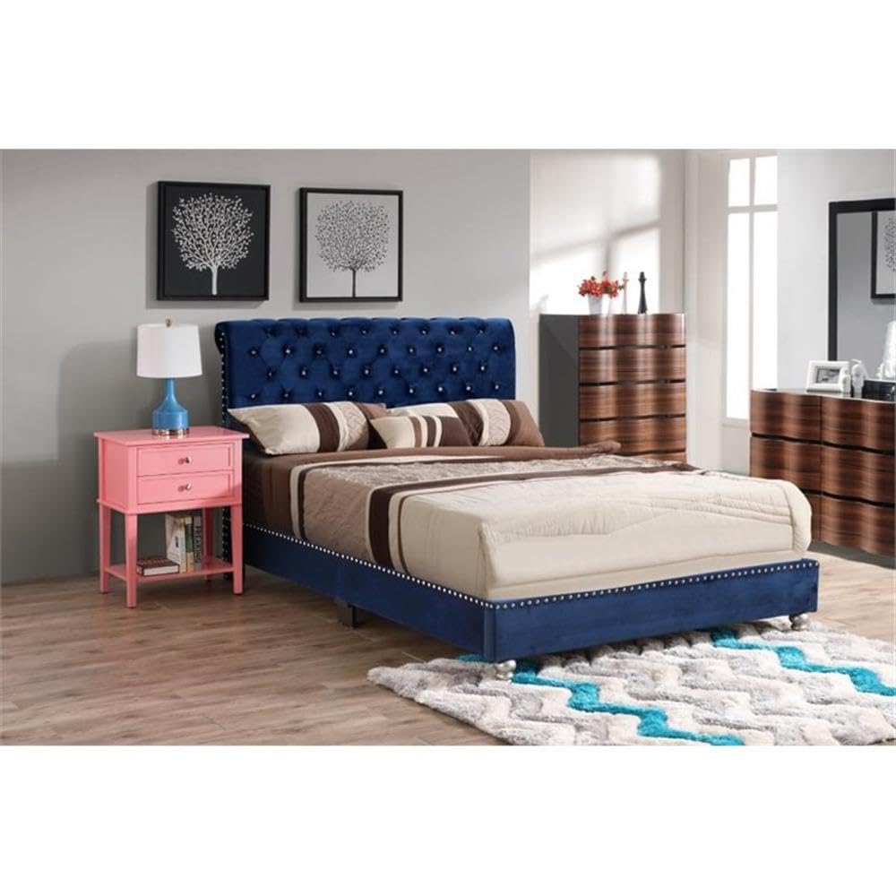 Glory Furniture Maxx Velvet Upholstered Full Size Bed Frame in Navy Blue - Luxurious Bedroom Furniture for Master Bedroom or Guest Room