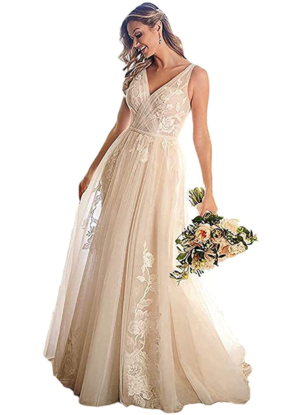 Boho Wedding Dresses for Bride - Backless V-Neck Lace Tulle Bridal Gown | Elegant Beach, Garden & Destination Wedding Gown for Women