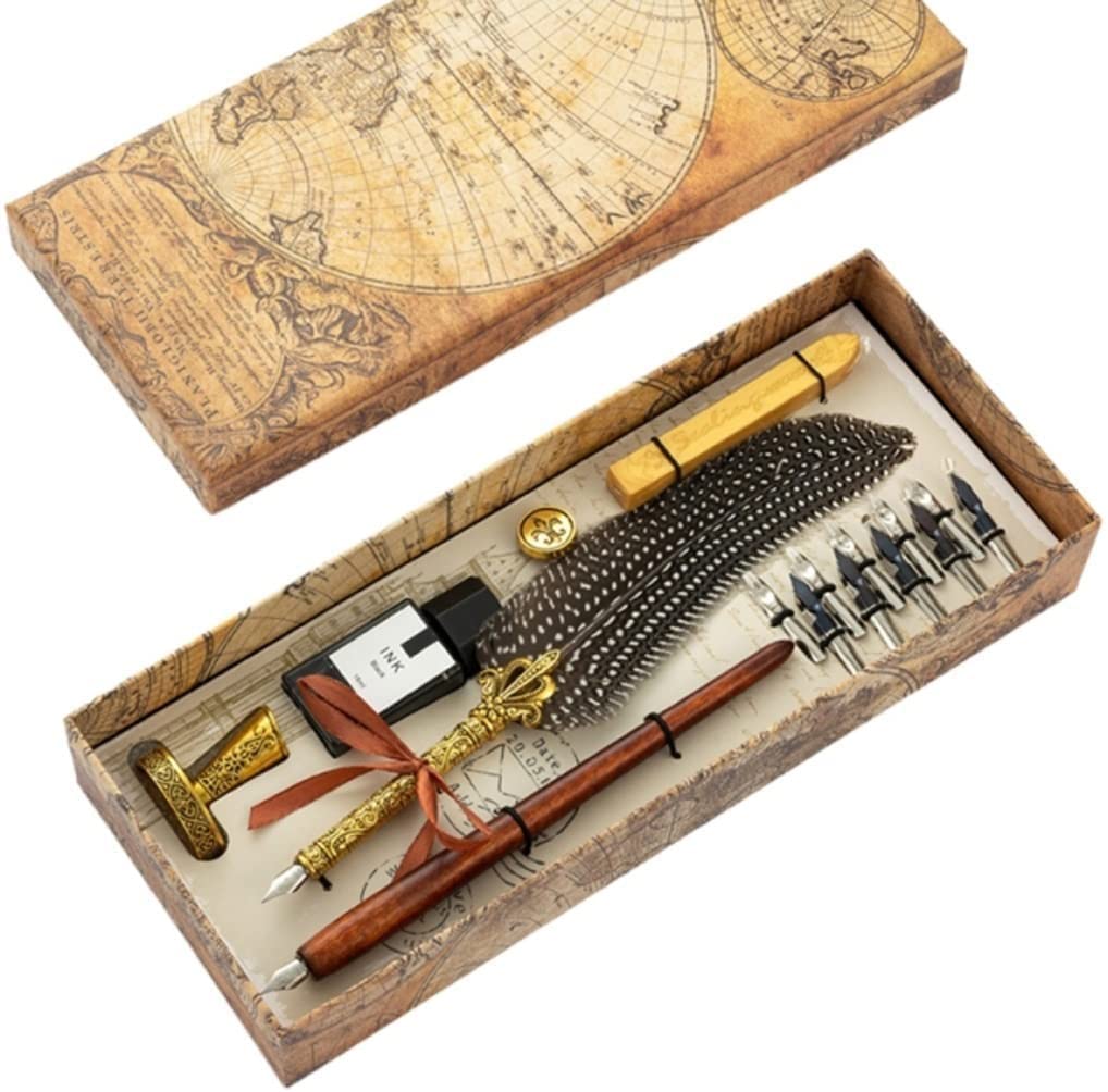 Vintage Striped Feather Dip Pen Set - Elegant Calligraphy & Writing Quill with Gift Box (Color D) | Perfect for Wedding Invitations, Scrapbooking & Business Gifts