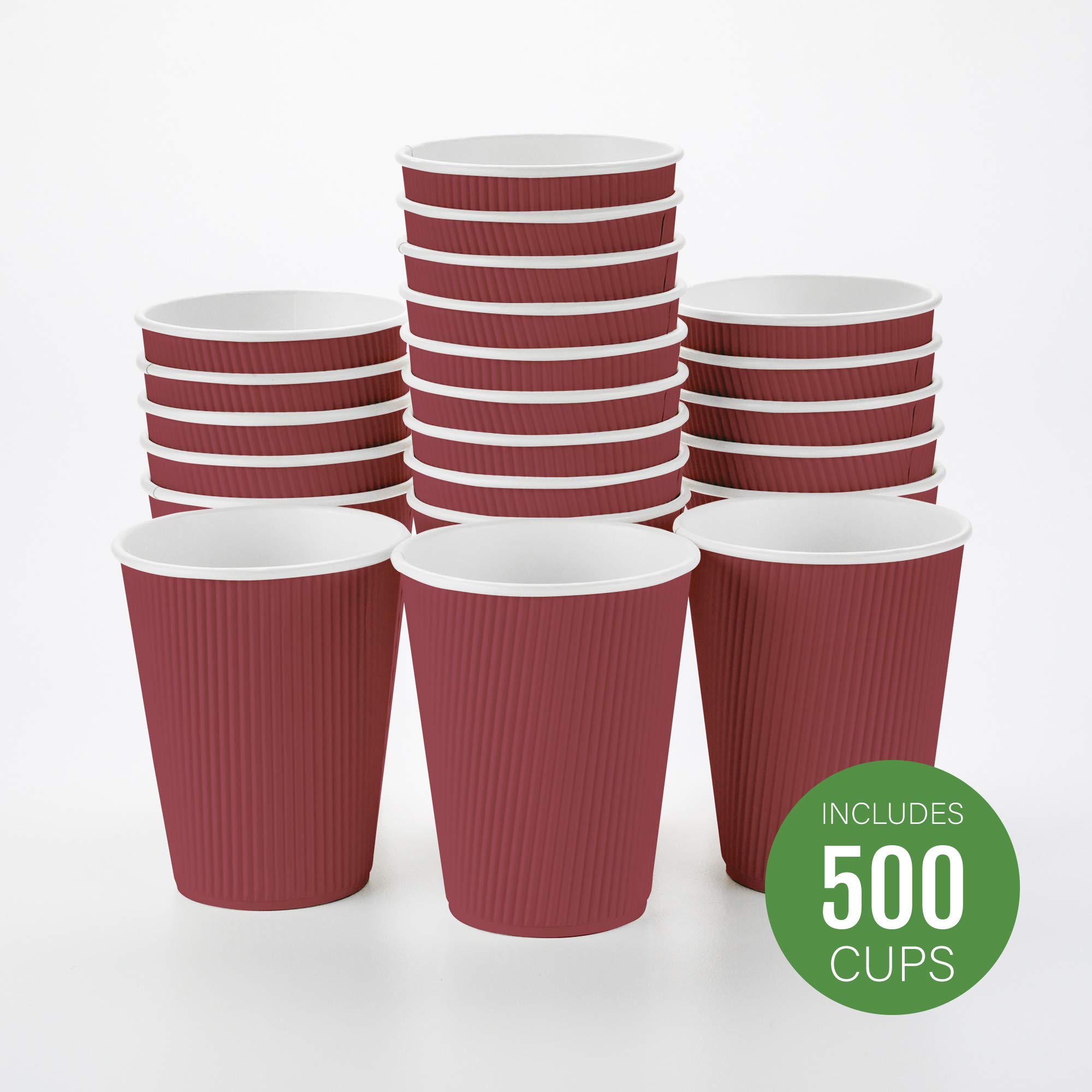 500 Pack 12 oz Disposable Coffee Cups with Ripple Wall - Insulated Paper Hot Cups for Coffee, Tea & Hot Beverages - Rolled Rim Design, Lids Sold Separately (Crimson) - Perfect for Cafes, Offices & Catering Events