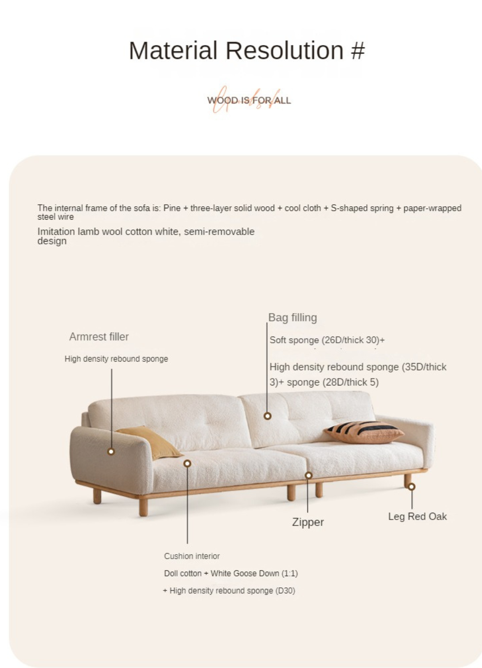 Oak Solid Wood Lamb Fleece Sofa - White Cream Modern Style | Cozy Living Room Furniture for Home Decor