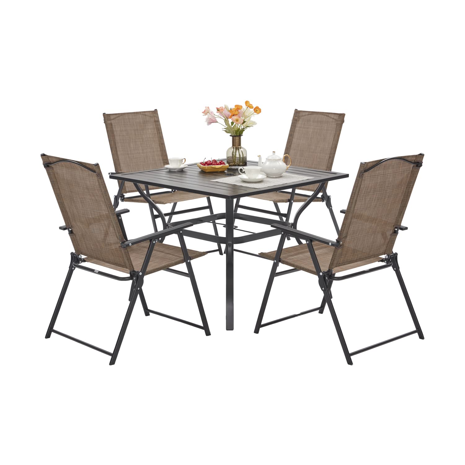 VICLLAX 5-Piece Outdoor Patio Dining Set - 1 Square Table with Umbrella Hole & 4 Folding Chairs with Armrests (Brown/Black) - Perfect for Backyard, Garden, Poolside and Balcony Dining