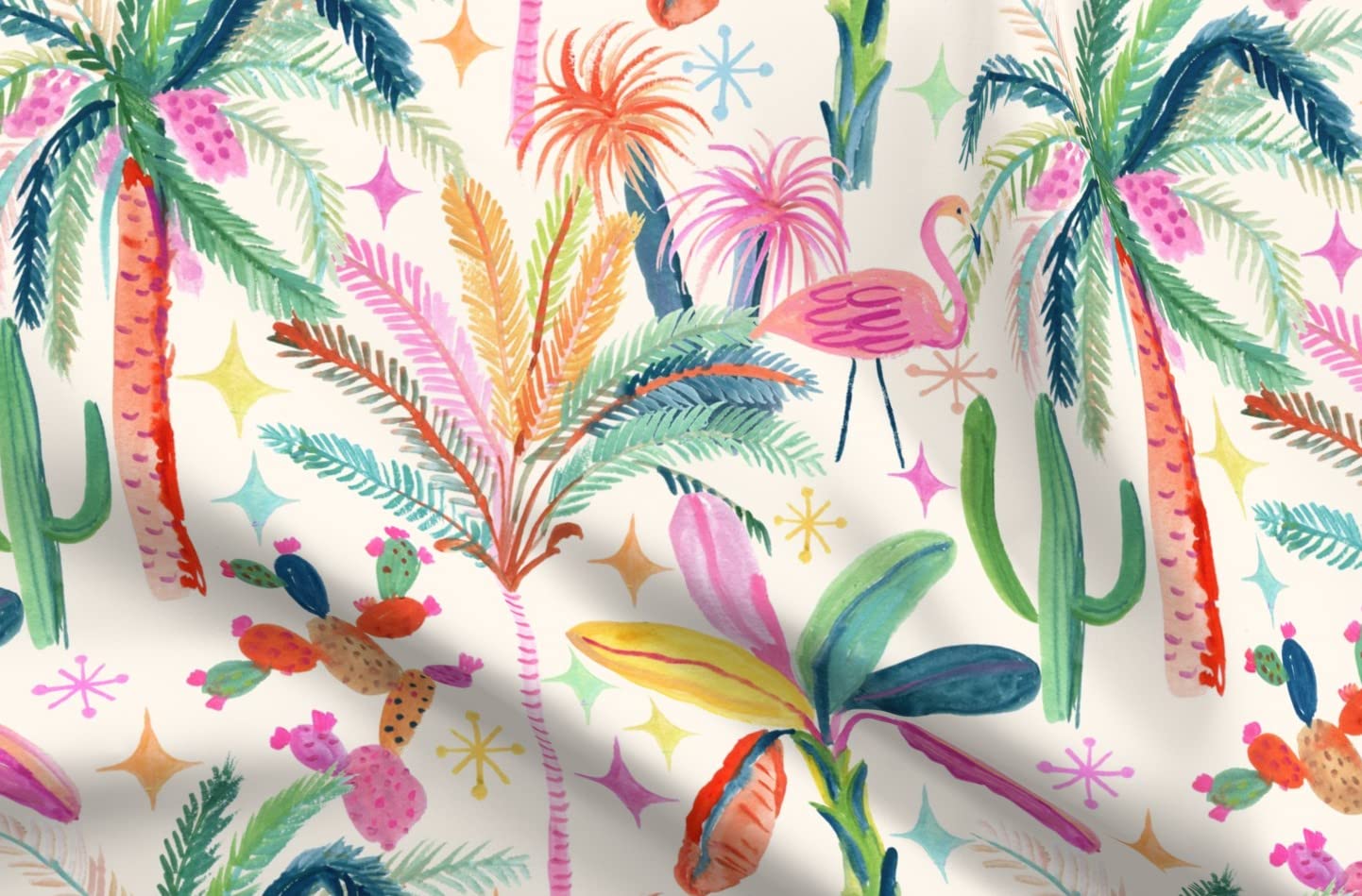 Palm Springs Retro Tropical Cactus Print Organic Cotton Sateen Fabric - Fat Quarter for Sewing, Quilting, Apparel & Home Decor - Perfect for Boho Chic Dresses, Throw Pillows & DIY Craft Projects