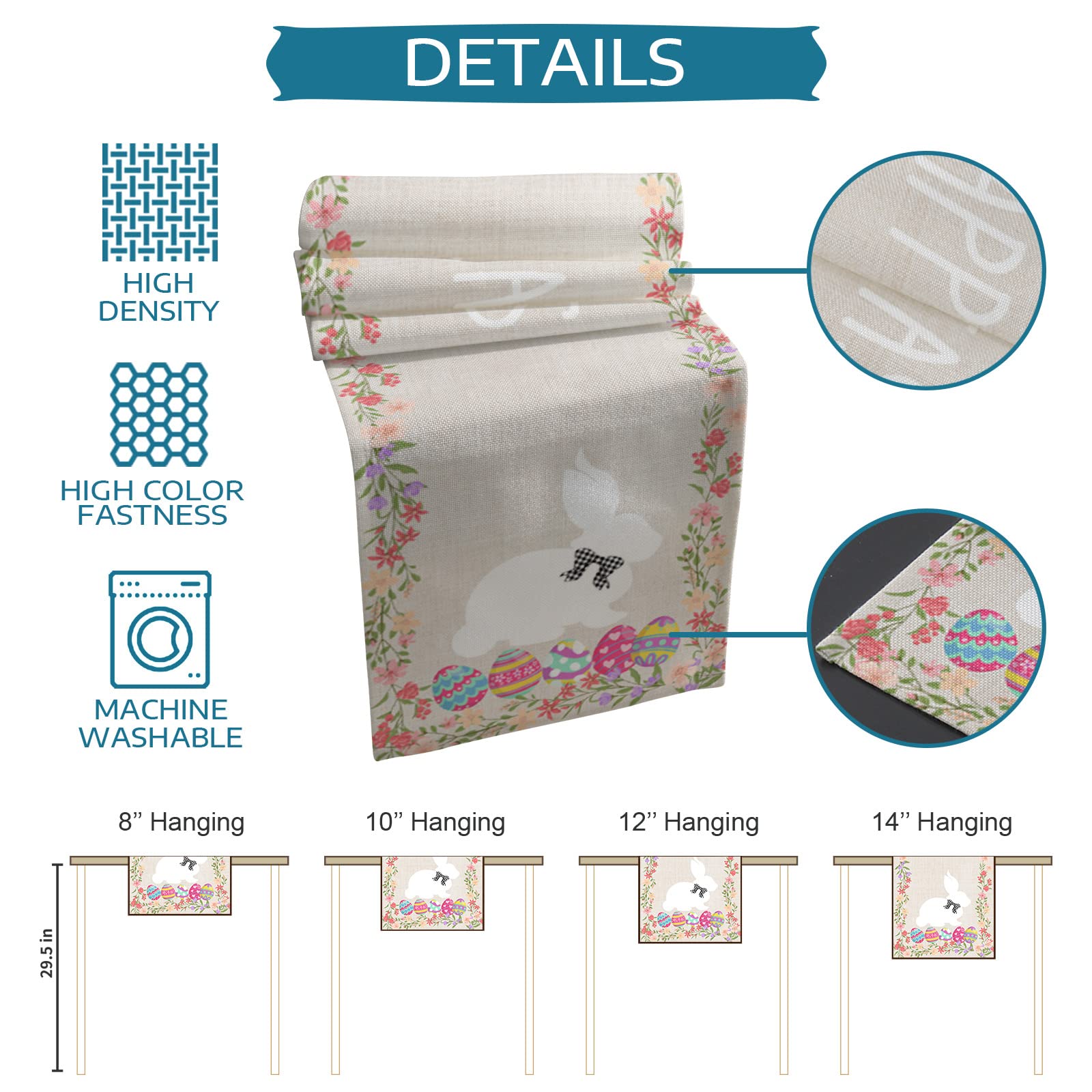 Easter Bunny Table Runner - 14 x 72 Inch Spring Floral Tablecloth with Rabbit & Egg Designs, Blue Pink Rustic Home Decor for Easter Party, Kitchen Dining, Holiday Table Setting