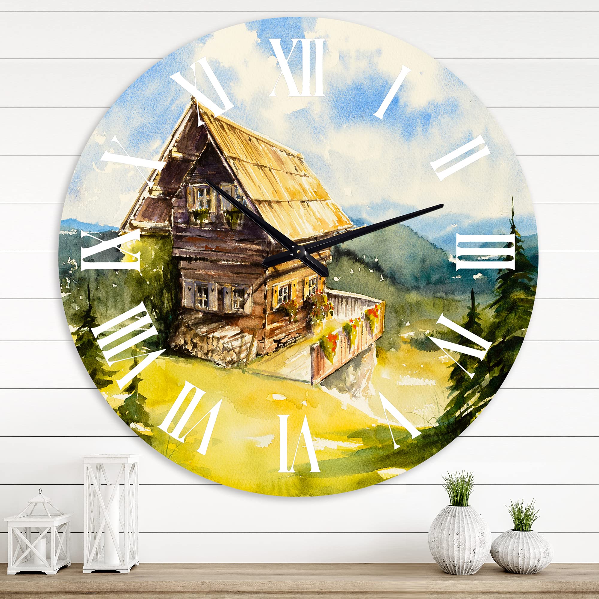 DesignQ Traditional Wall Clock - Peaceful Summer Landscape with Old Cottage - Large Vintage Wall Clock for Living Room, Bedroom, Office Decor - Perfect for Home, Farmhouse, and Rustic Interior Design
