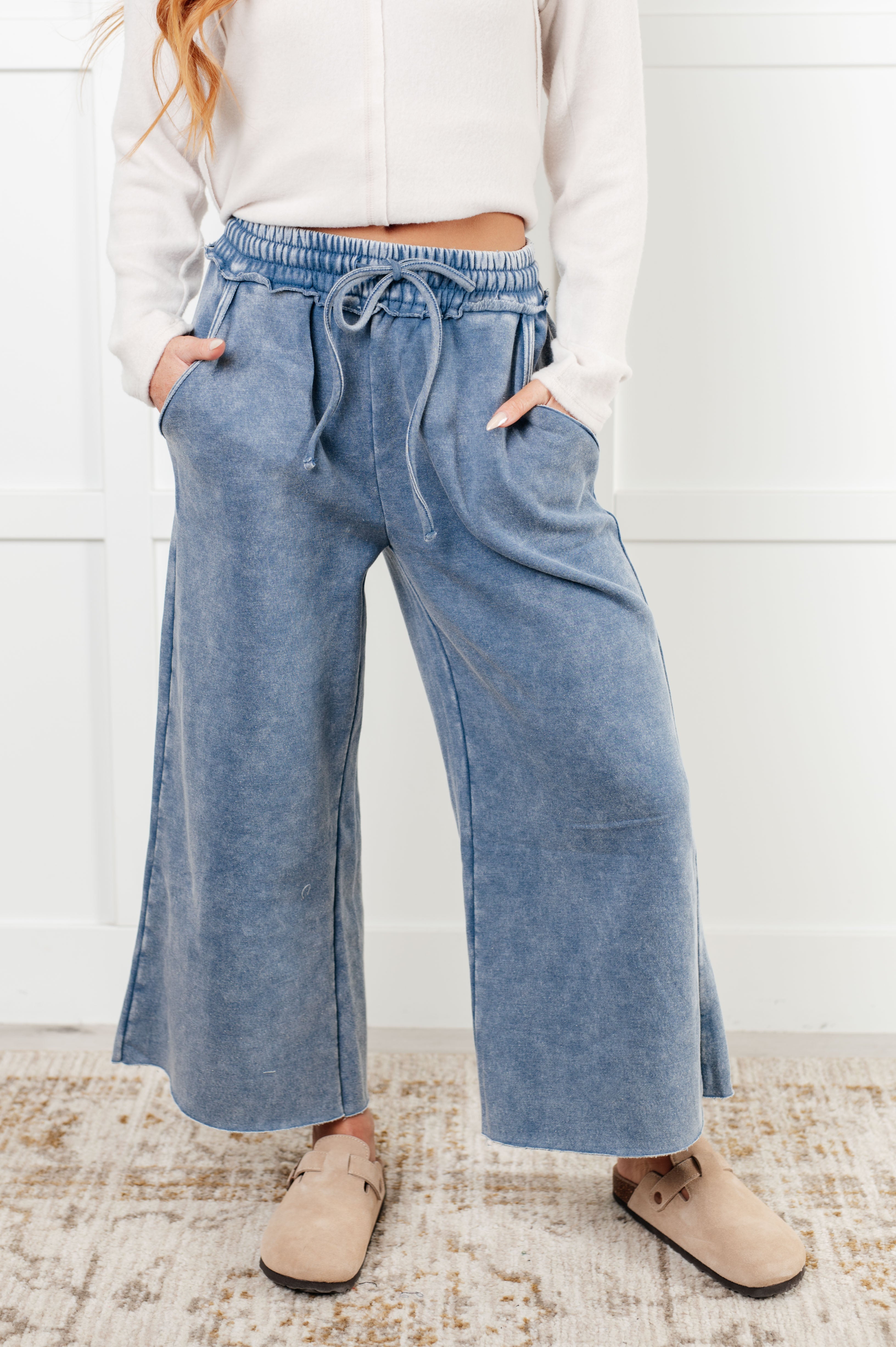 Stylish Dusty Blue Wide Leg Cropped Pants for Women - Casual & Office Wear | Comfortable High Waist Trousers for Everyday Outfits