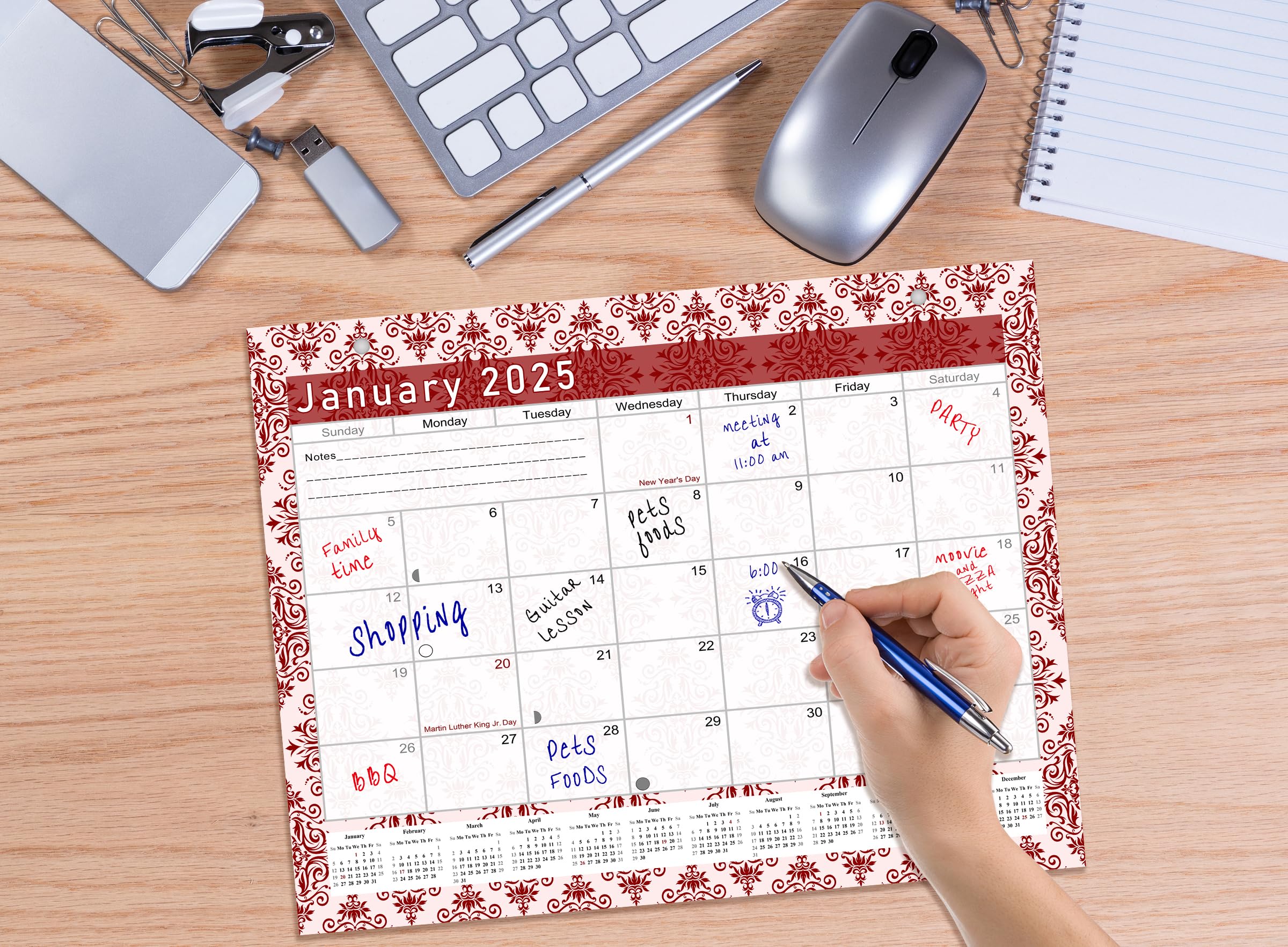 2024-2025 18-Month Magnetic & Desk Calendar Planner - Elegant Damask Design (#23-05) for Office, Home & School Organization | Wall or Desktop Use