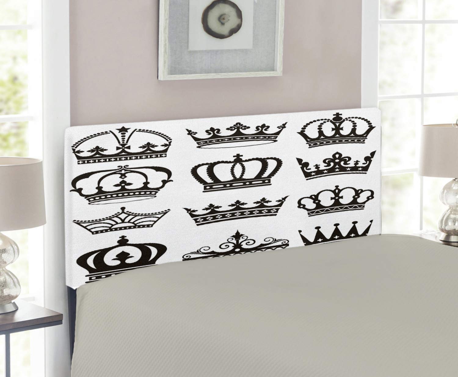 Ambesonne King Size Upholstered Headboard with Memory Foam - Royal Crown & Tiara Cartoon Design in Dark Green, Brown & White | Elegant Bedroom Decor for Princess & Prince Themed Rooms | Perfect for Kids' Bedrooms, Royal-Themed Decor & Luxury Bedroom Makeovers