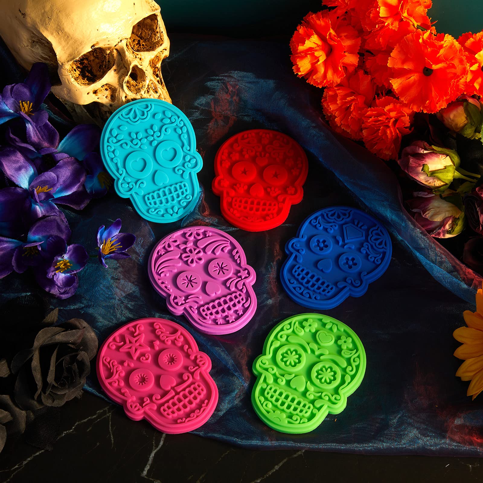 6-Piece Halloween Sugar Skull Cookie Cutters & Stamps Set - Day of the Dead Cookie Molds for Baking, Ice Cubes, Jelly, Soap, Chocolate Making - Perfect for Halloween Parties, DIY Crafts & Holiday Baking