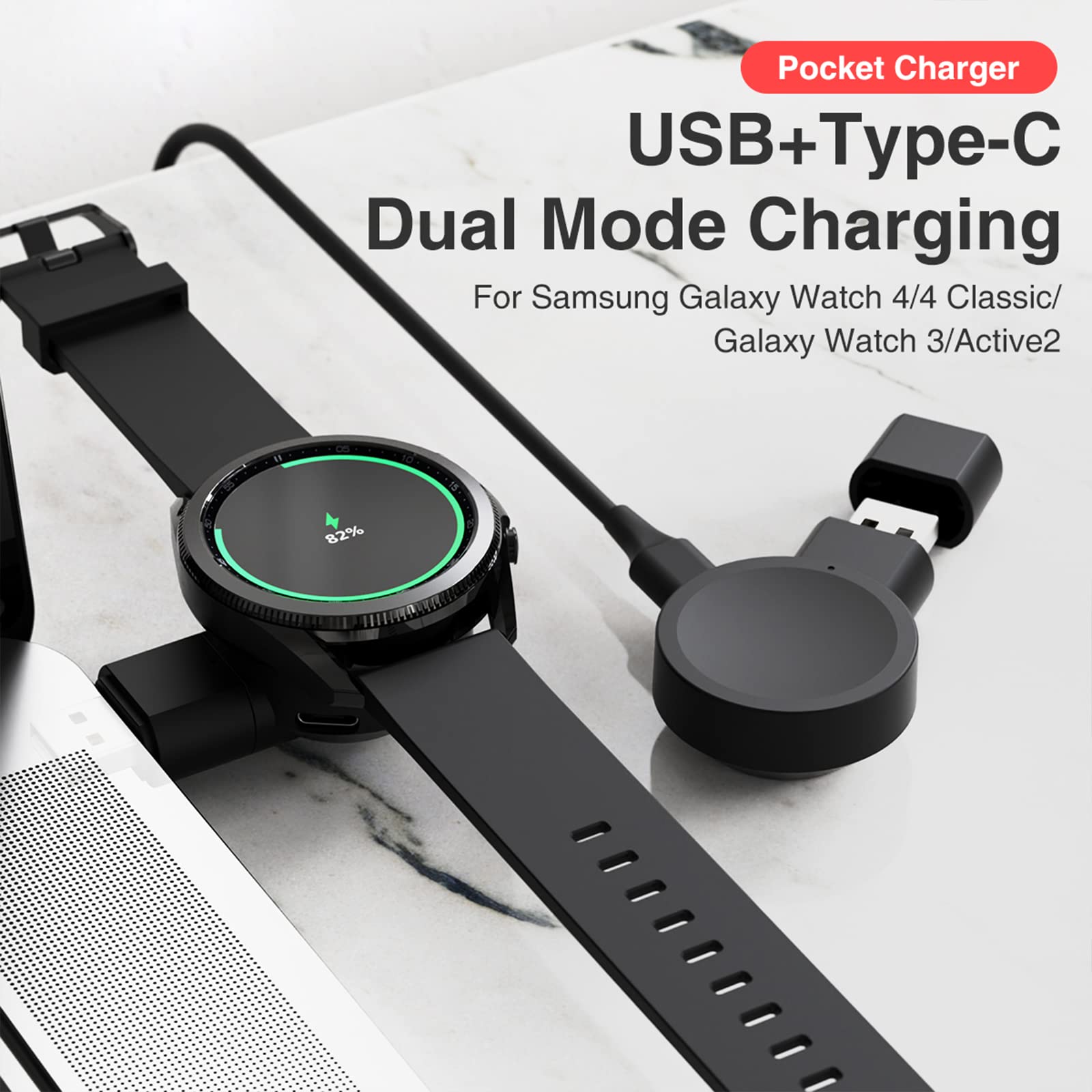Portable Rotatable Samsung Watch Charger for Galaxy Watch 7/Ultra/6/6 Classic/5/5 Pro/4/4 Classic/3 - Dual USB C & A Ports Travel Charger - Perfect for Gym, Office & Outdoor Activities