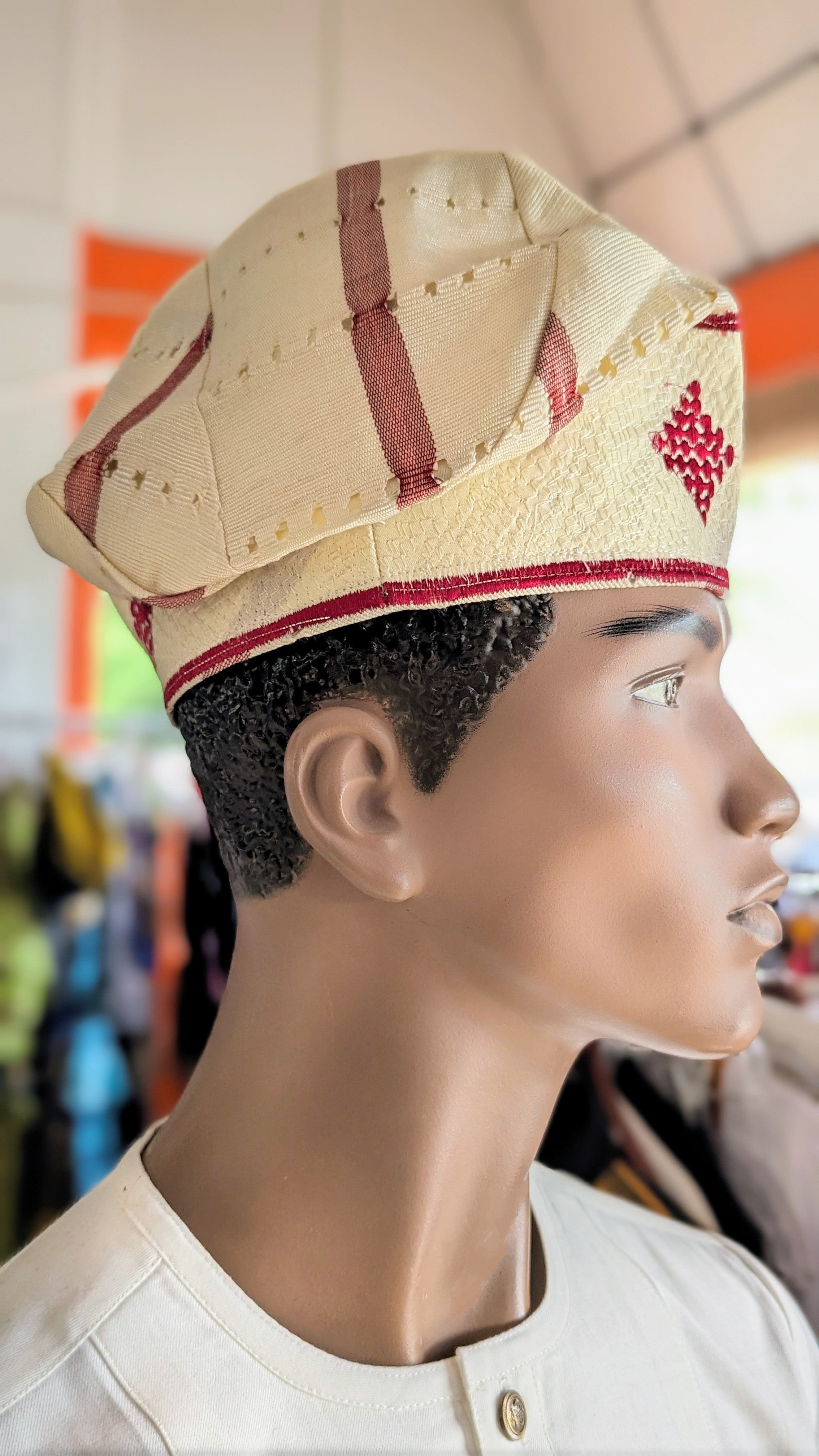 Dupsie's IfeFila Cream African Aso Oke Fila Cap - Handmade Burgundy Embroidered Traditional Yoruba Hat for Men & Women - Perfect for Weddings, Cultural Events and African Fashion