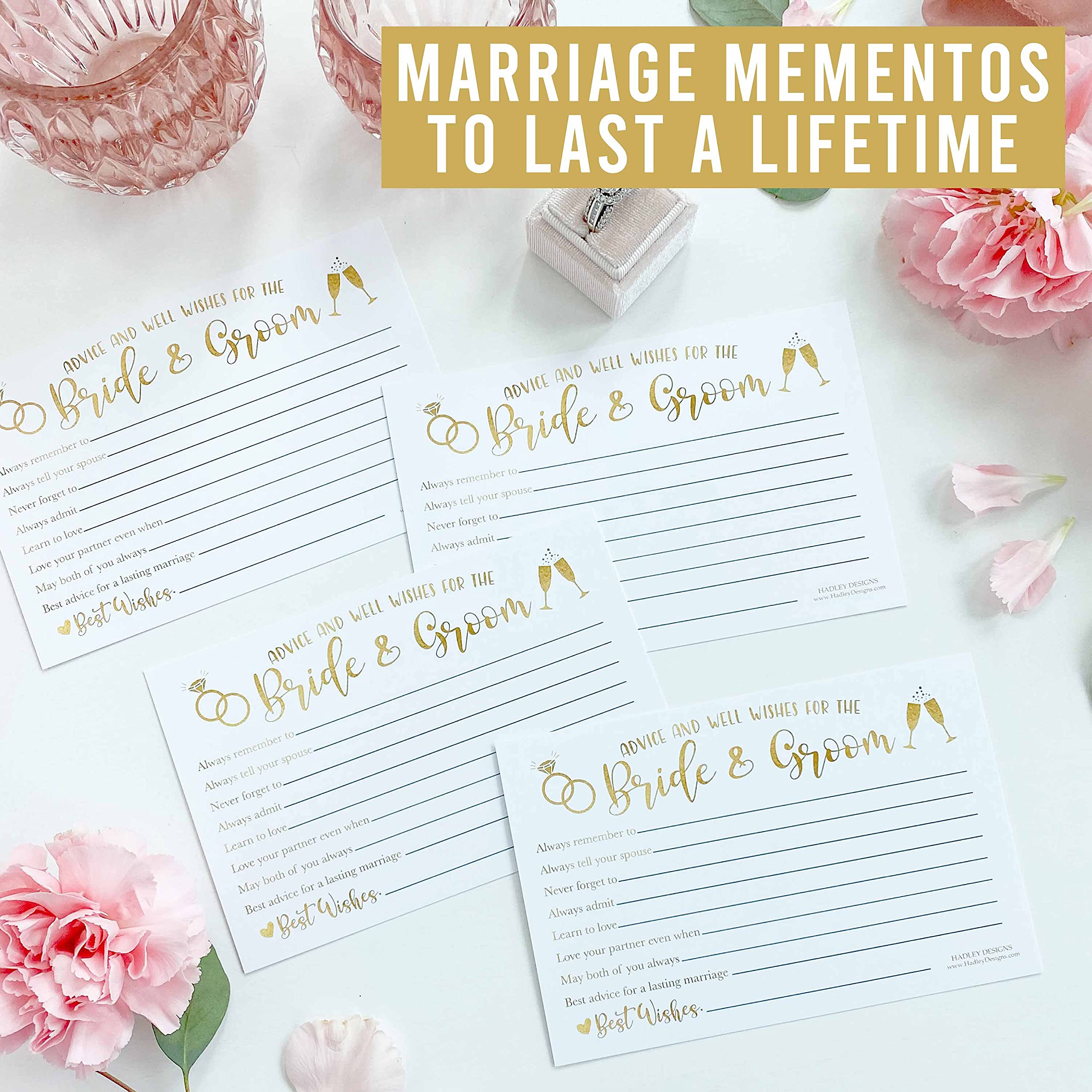 Hadley Designs 50 Advice Cards for Bride & Groom - Fun Bridal Shower Games, Wedding Guest Book Alternative & Reception Card Box - Perfect for Wedding Parties, Bridal Showers & Anniversary Celebrations