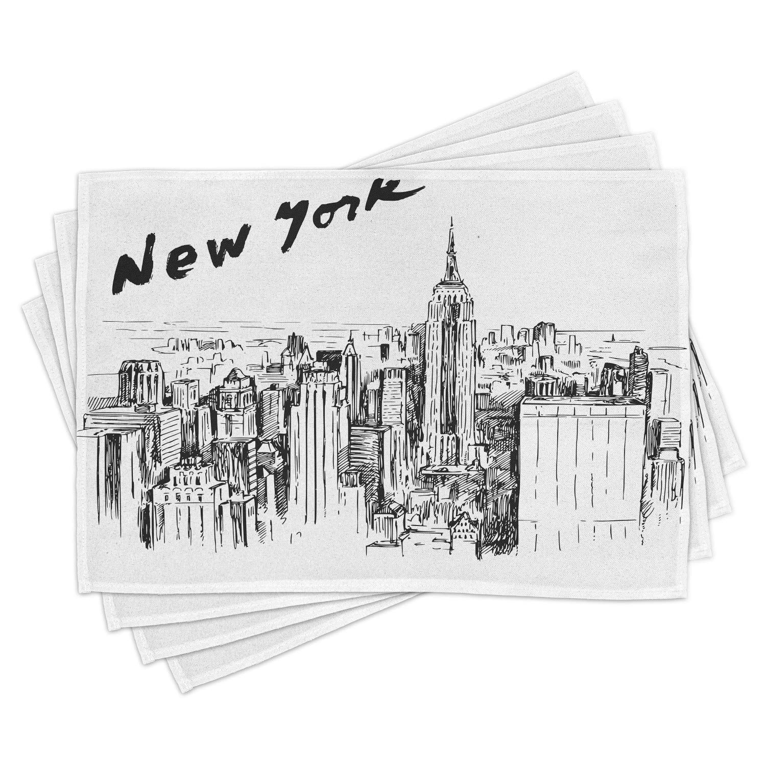 Ambesonne New York Themed Placemats Set of 4 - Vintage Hand-Drawn Skyscraper Cityscape Design, Washable Fabric Table Mats for Dining Room & Kitchen Decor in Charcoal Grey & White | Perfect for Urban Home Decor, Dinner Parties, and Modern Table Settings