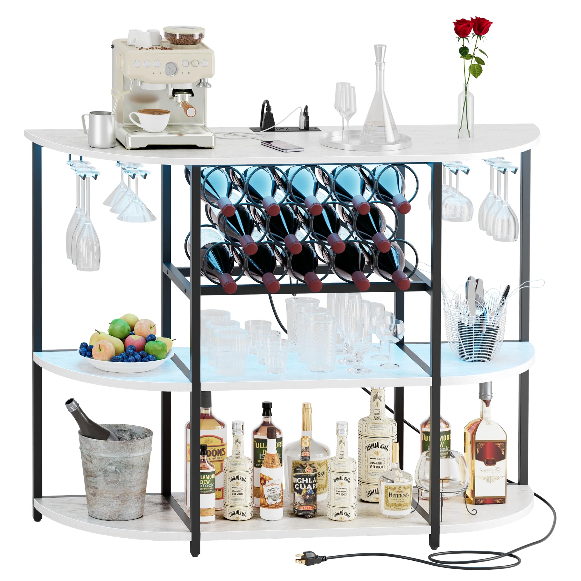 Shahoo White Wine Bar Cabinet with Storage Rack, Built-in Power Outlets & LED Lights - Glass Shelves for Liquor Bottles & Stemware - Perfect for Home Kitchen, Dining Room or Entertainment Area