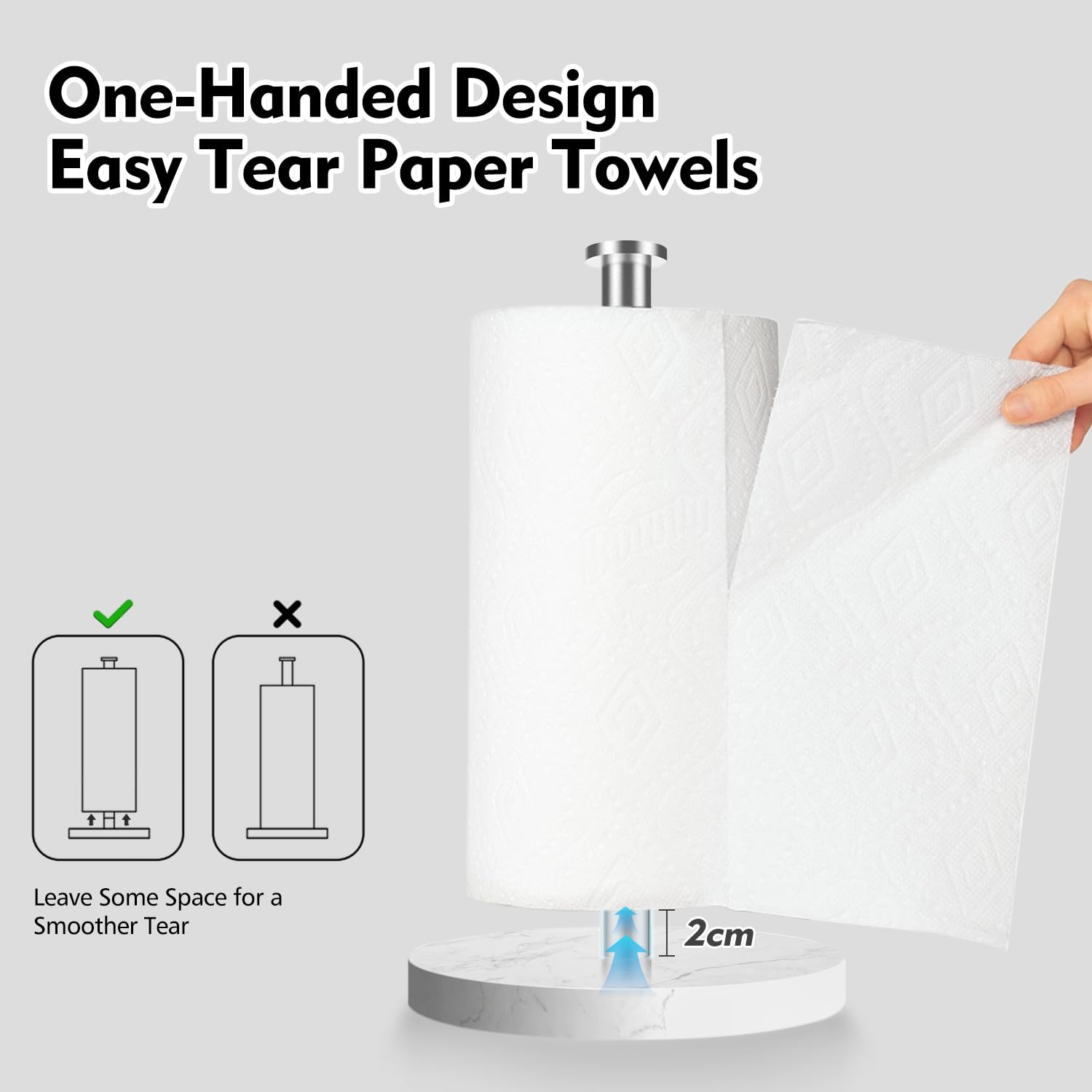 YIGII Silver Countertop Paper Towel Holder with Heavy Marble Base - One-Handed Tear Kitchen Roll Stand for Standard Paper Towels | Perfect for Kitchen Countertops, Office Break Rooms & Bathroom Storage