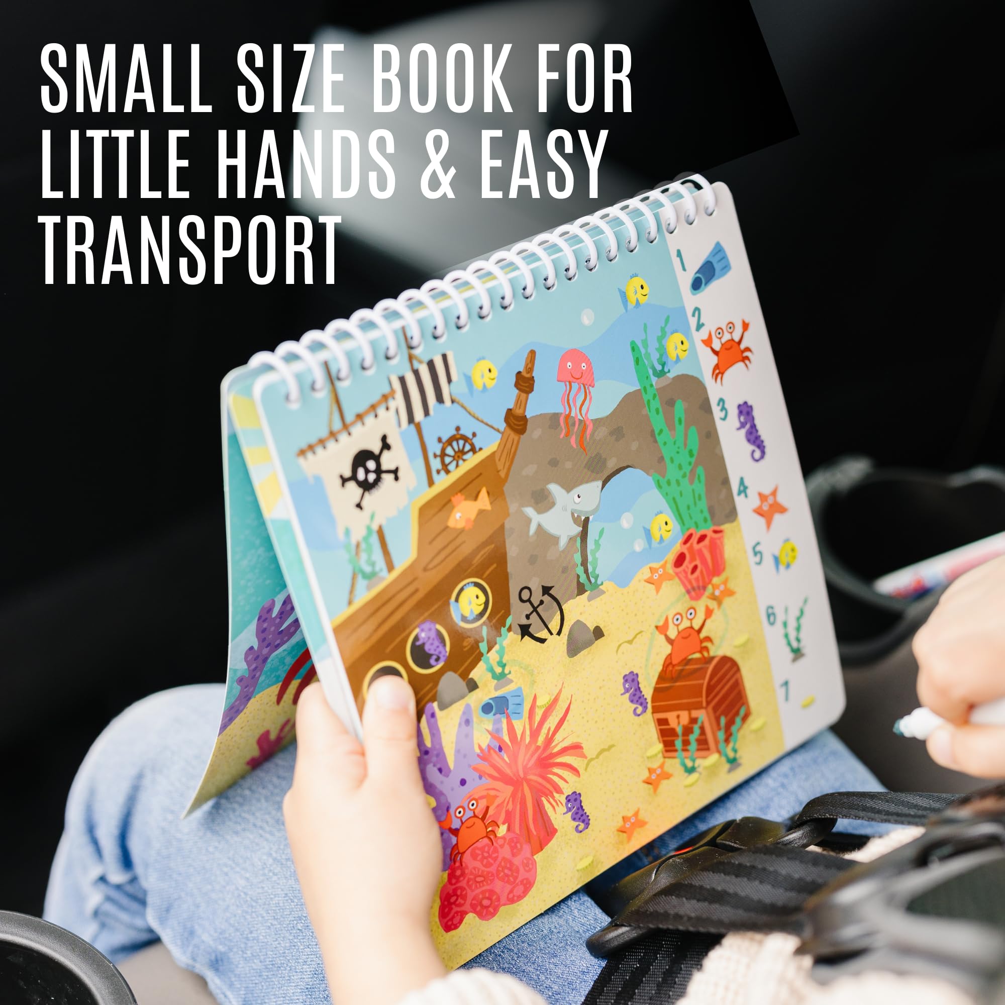 Washable Travel Activity Book for Kids Ages 4-6 | 7x7 Inch Educational Toy with Reusable Stickers & Markers | Car & Airplane Games, Search & Find Ocean Theme | Perfect for Road Trips, Flights & Homeschool Learning