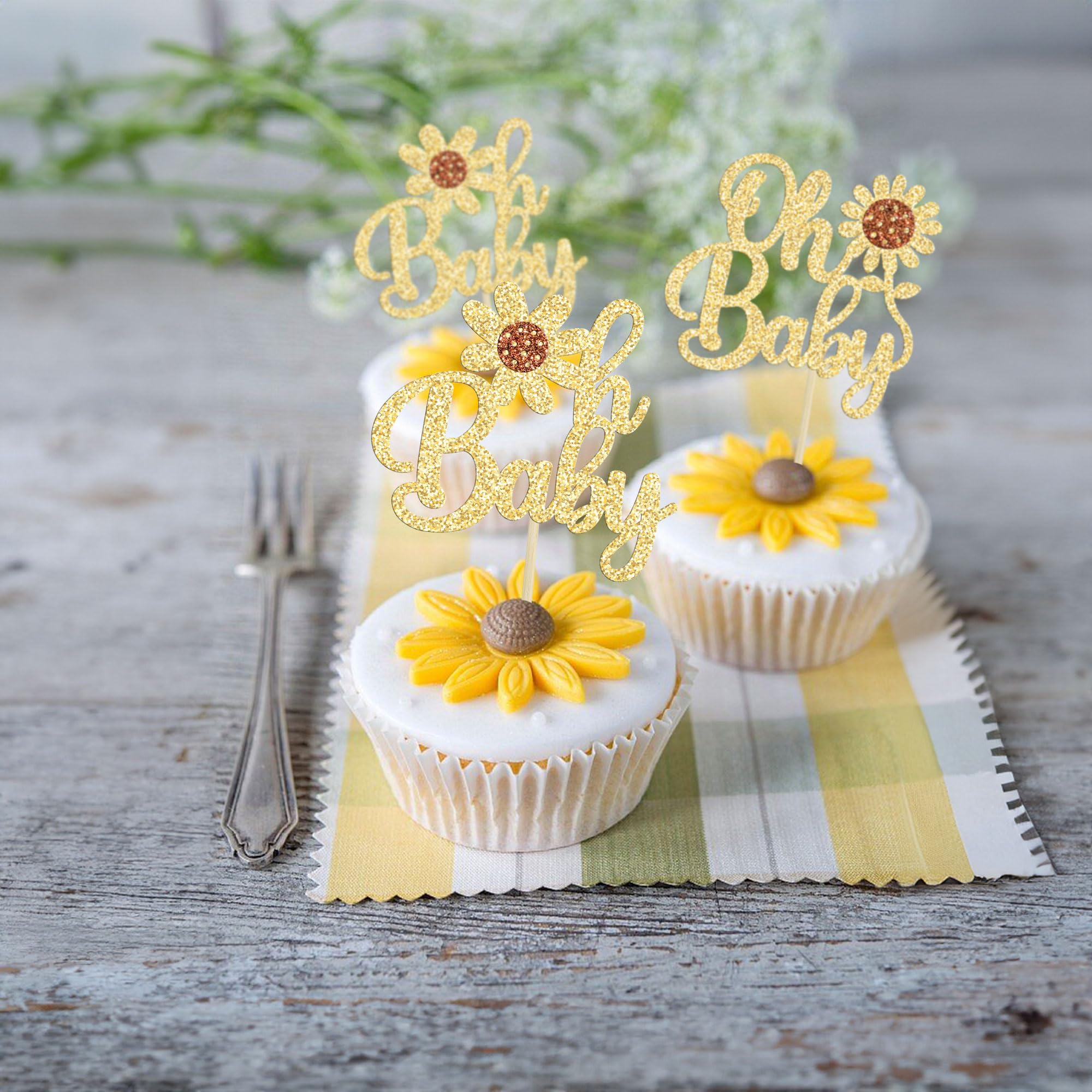 24 Pack Gold Glitter Sunflower Cupcake Toppers - Oh Baby Decorations for Baby Showers, Summer Parties & Kids Birthday Cakes | Floral Cake Decor Supplies for Baby Shower Themes & Summer Celebrations