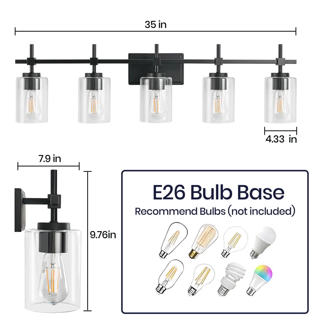 Jasper Modern 5-Light Bathroom Vanity Light Fixture - Brushed Nickel & Black with Clear Glass Shades - Perfect for Bathroom, Powder Room, and Dressing Room Lighting