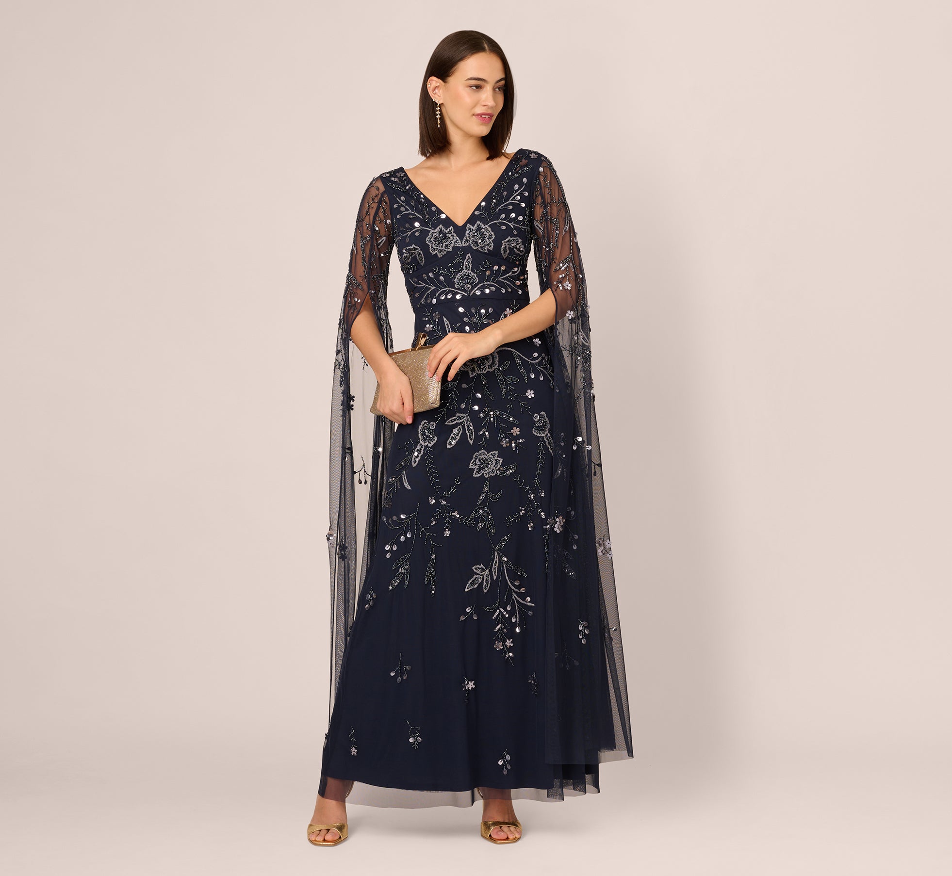 Elegant Navy Gunmetal Split Sleeve Floral Beaded Evening Gown for Prom, Wedding & Formal Events