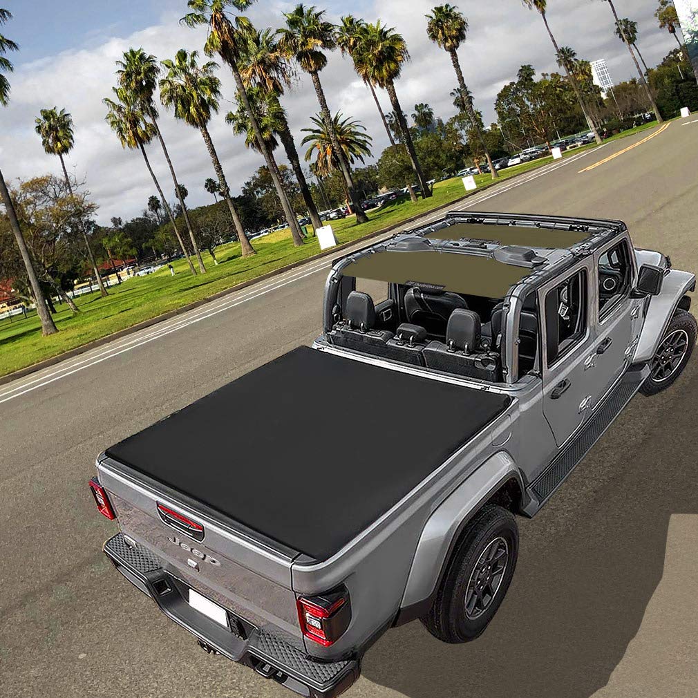 Shadeidea JT Sun Shade Top for Jeep Gladiator (2018-2023) - Mesh Roof Cover with UV Protection & Wind Noise Reduction - Includes GrabBag Pouch & 10-Year Warranty - Tank Green (Front+Rear 2-Piece Set) - Perfect for Off-Roading, Camping, and Summer Driving