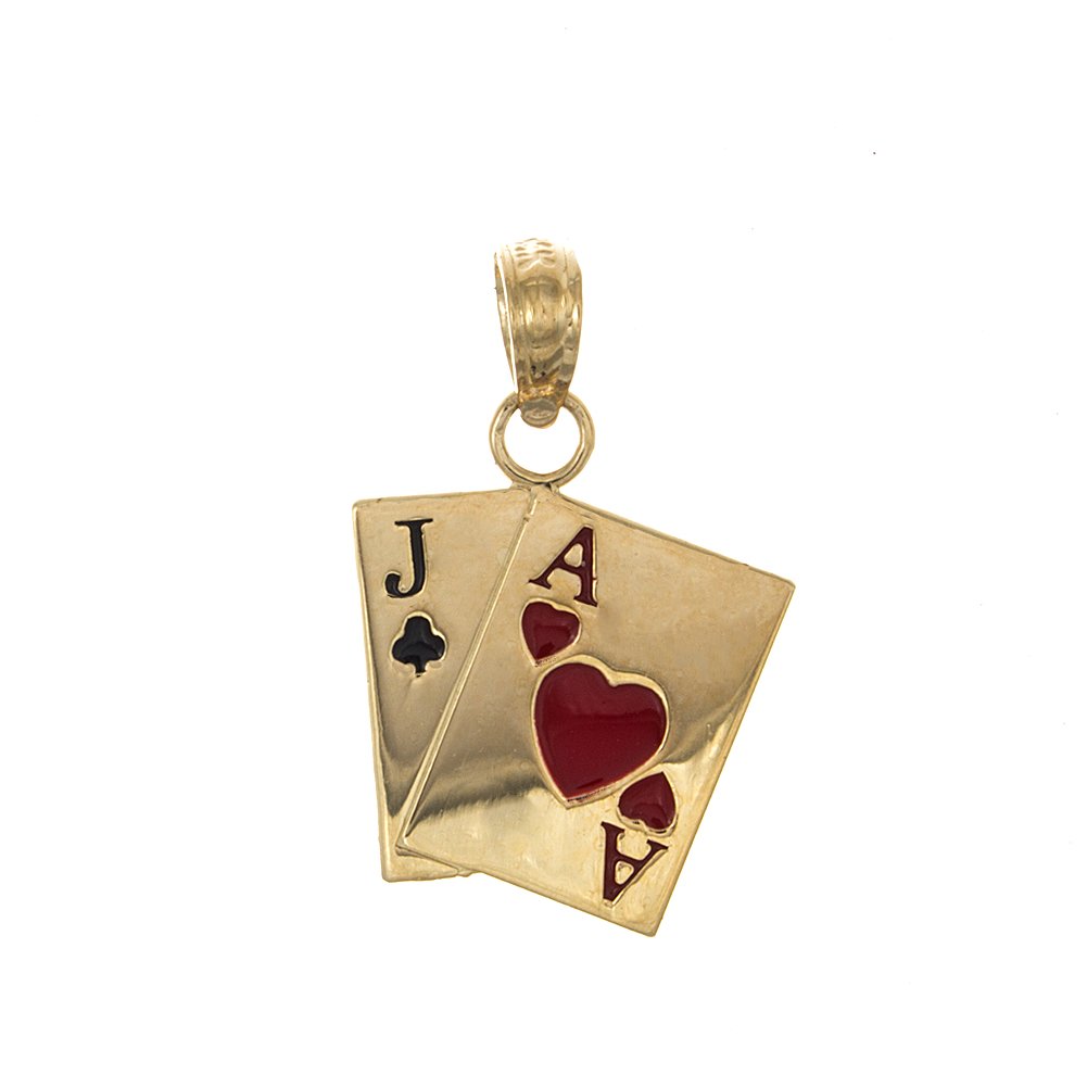 14K Yellow Gold Playing Cards Charm Pendant - Jack of Clubs & Ace of Hearts with Black & Red Enamel | Elegant Jewelry Gift for Card Game Lovers, Casino Night & Poker Party Accessories