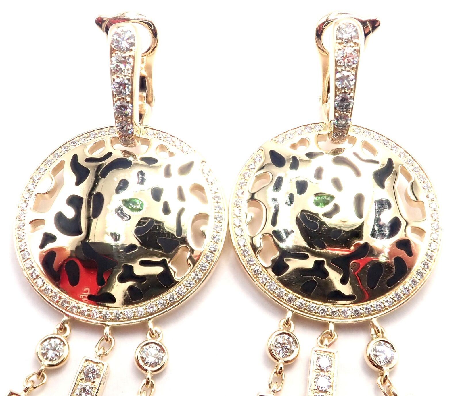 Authentic Cartier Panther 18K Yellow Gold Diamond Lacquer Tsavorite Earrings | Luxury Jewelry for Women | Perfect for Gifts, Parties & Special Occasions