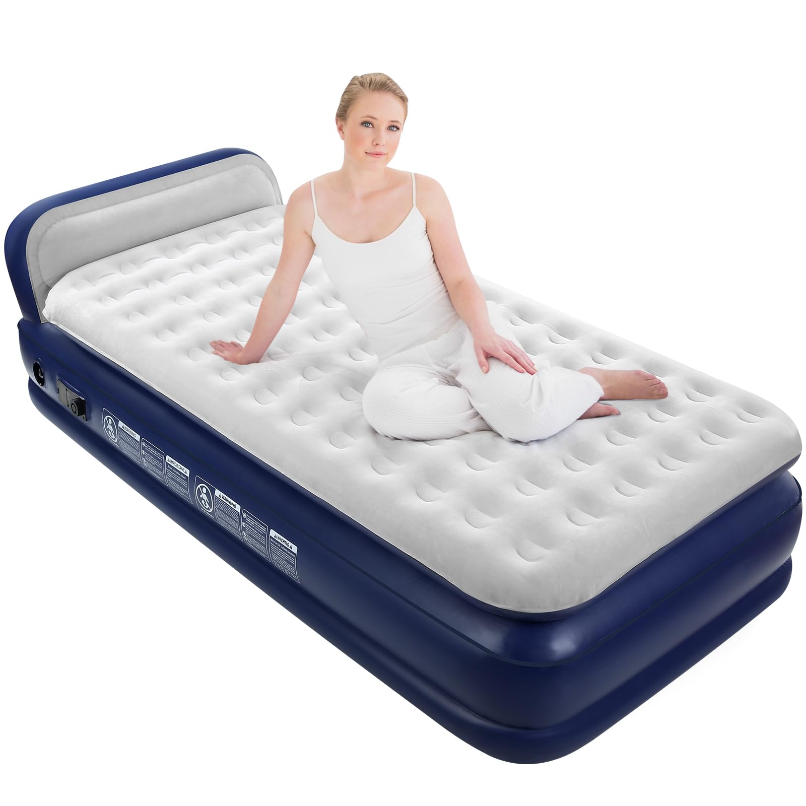 KMZ Twin XL Air Mattress with Built-in Electric Pump & Headboard - Comfort-Plush Enhanced Coil Technology for Home, Travel & Camping - Durable Inflatable Bed for Guests, Sleepovers & Outdoor Adventures