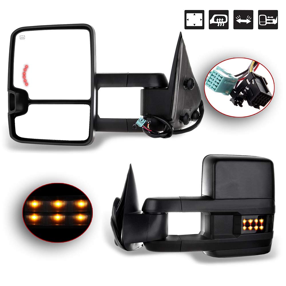 Heated Power-Adjustable Towing Mirrors for 2003-2007 Chevy Silverado & GMC Sierra 1500/2500/3500 (07 New Body Style) - Black Cap, Turn Signal - Perfect for Towing Trailers, Boats & RVs