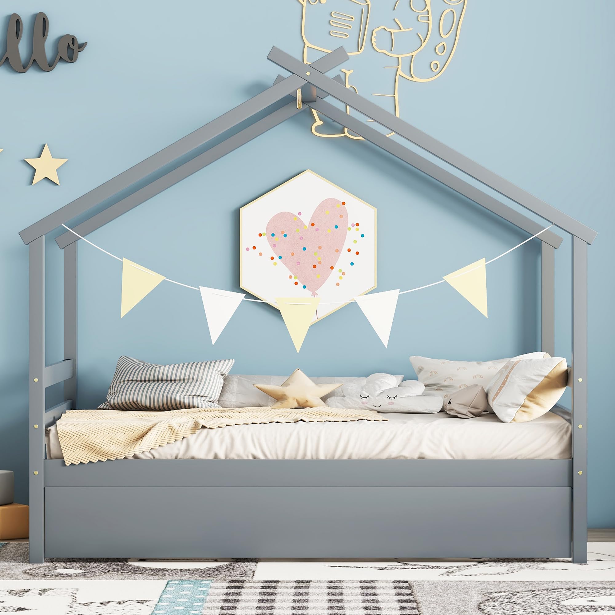 Montessori Twin House Bed with Trundle - Solid Wood Playhouse Bed Frame with Slats Support for Kids, Teens, Boys & Girls - Gray - Perfect for Bedrooms, Playrooms & Montessori Learning Spaces