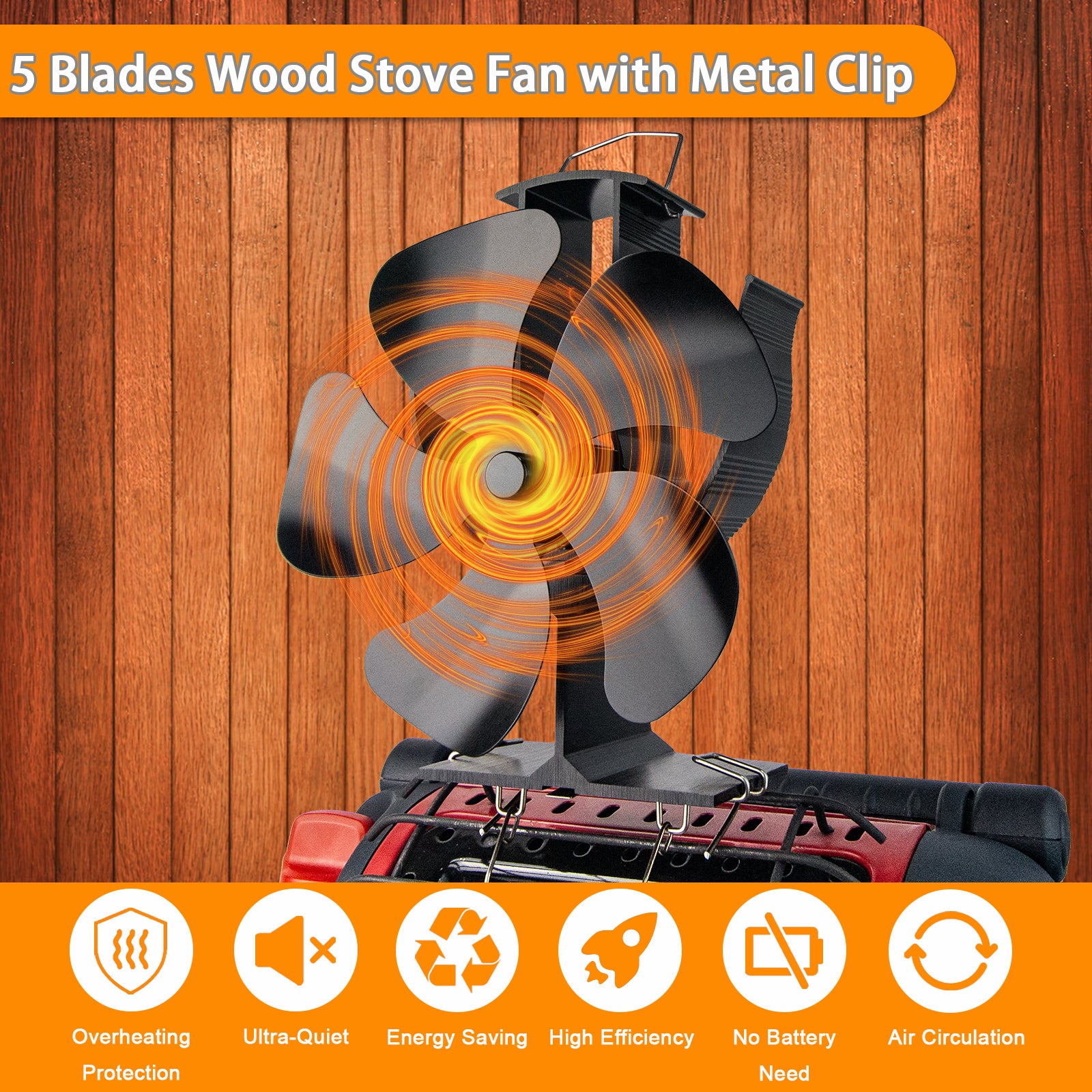 5 Blades Heat Powered Stove Fan for Buddy Heater & Wood Stove - Durable Metal Clip - Perfect for Camping, RV, Cabin & Home Heating