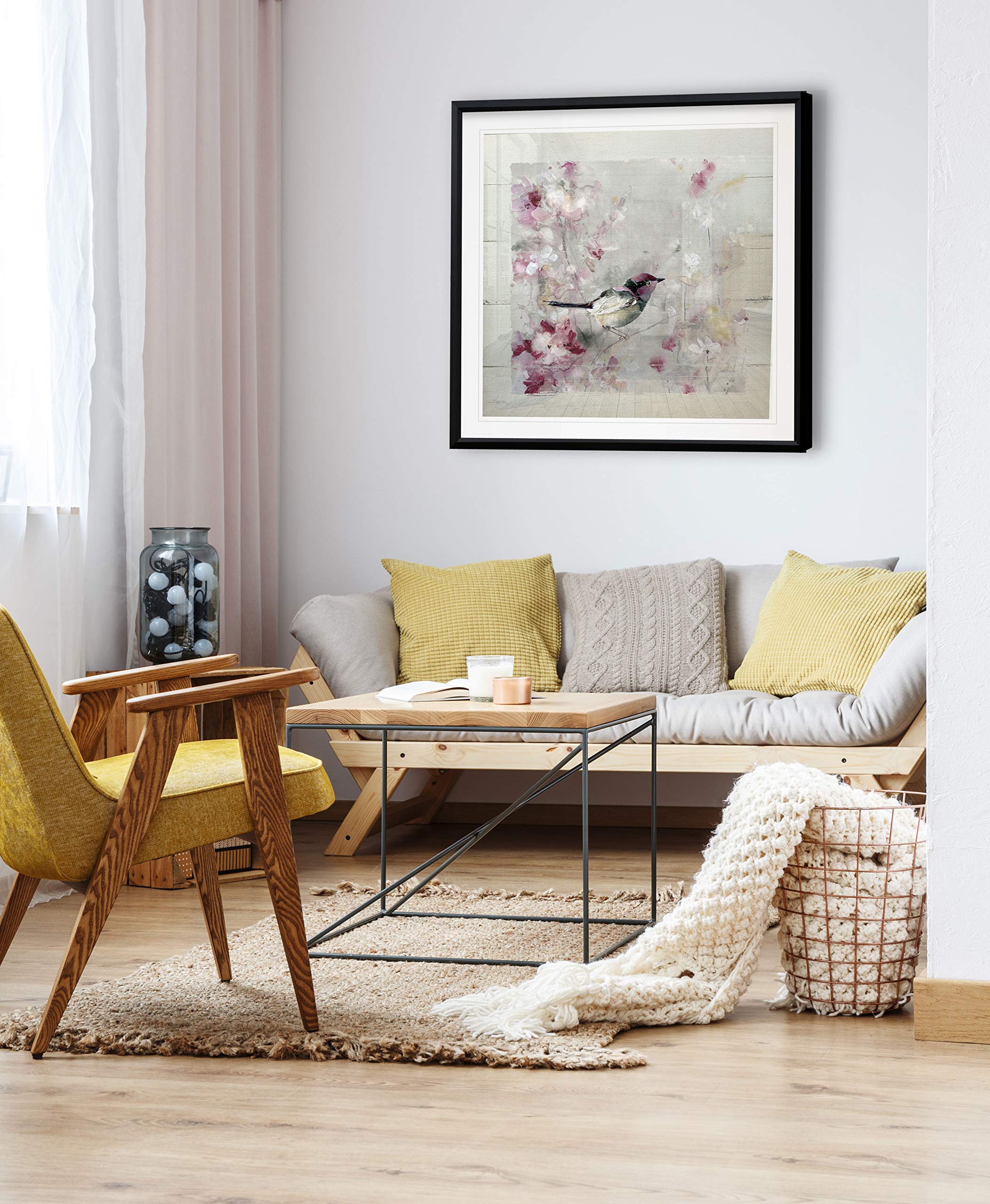 Pink Flower & Bird Art Framed Canvas Print - Shiplap Wall Decor Painting for Living Room, Bedroom & Office - Giclee Animal Artwork