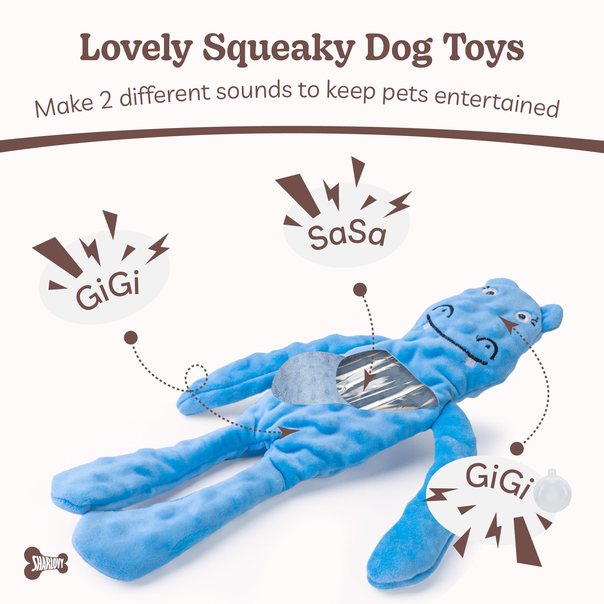 SHARLOVY No Stuffing Squeaky Dog Toys for Large Dogs - 3 Pack Crinkle Puppy Teething Chew Toys, Durable Plush Interactive Dog Chews for Aggressive Chewers | Long-Lasting Entertainment for Boredom Relief & Dental Health