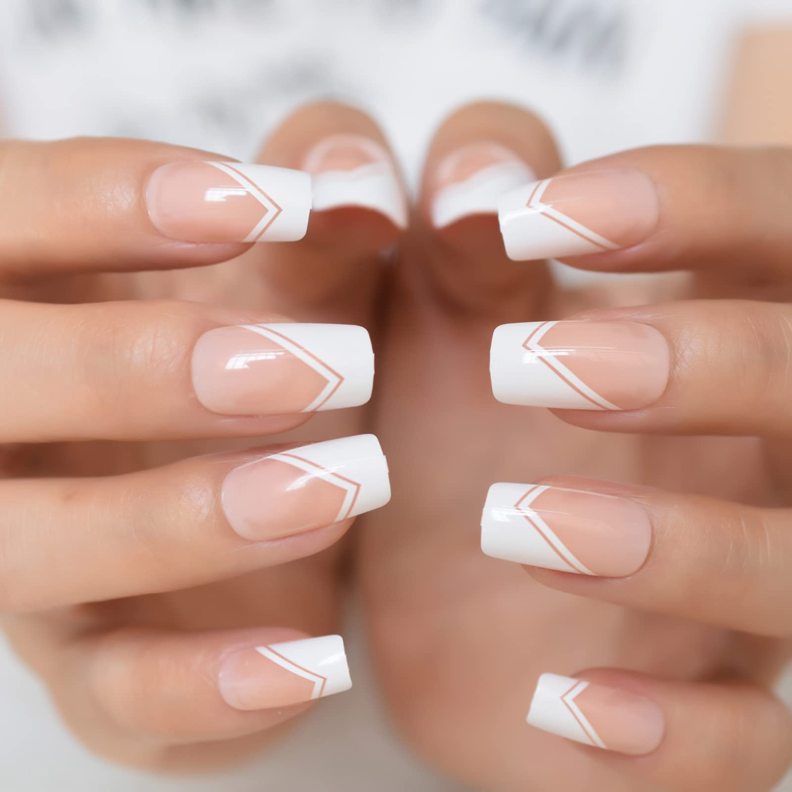 Natural White Press On Nails - Medium Square French Tip Glossy Gel Fake Nails - Full Cover False Nail Tips for Salon Quality Manicure at Home - Perfect for Weddings, Parties & Everyday Wear