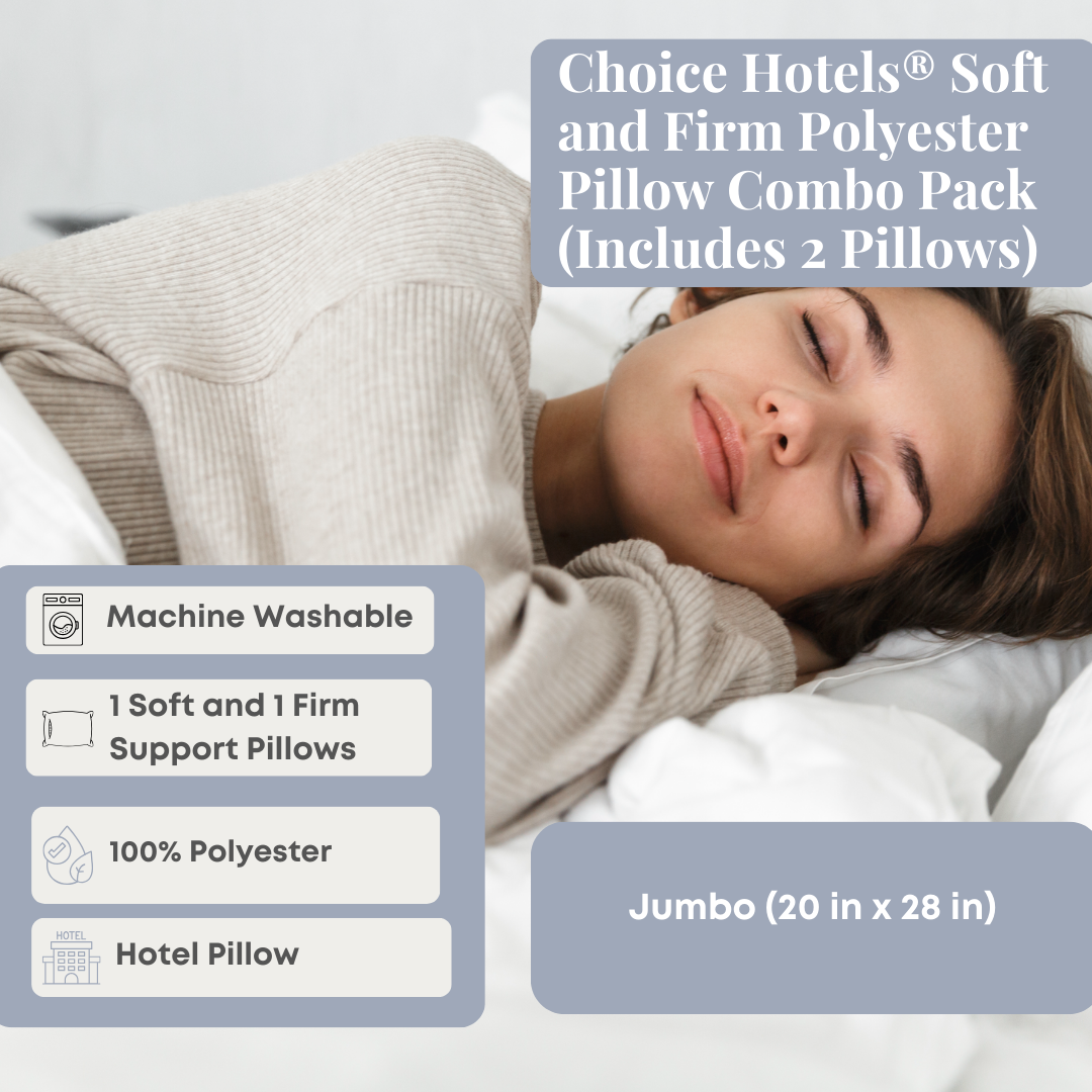 Choice Hotels® Soft and Firm Polyester Pillow Combo Pack - 2 Pack Hotel Quality Pillows for Back, Stomach & Side Sleepers - Perfect for Home, Travel & Guest Rooms
