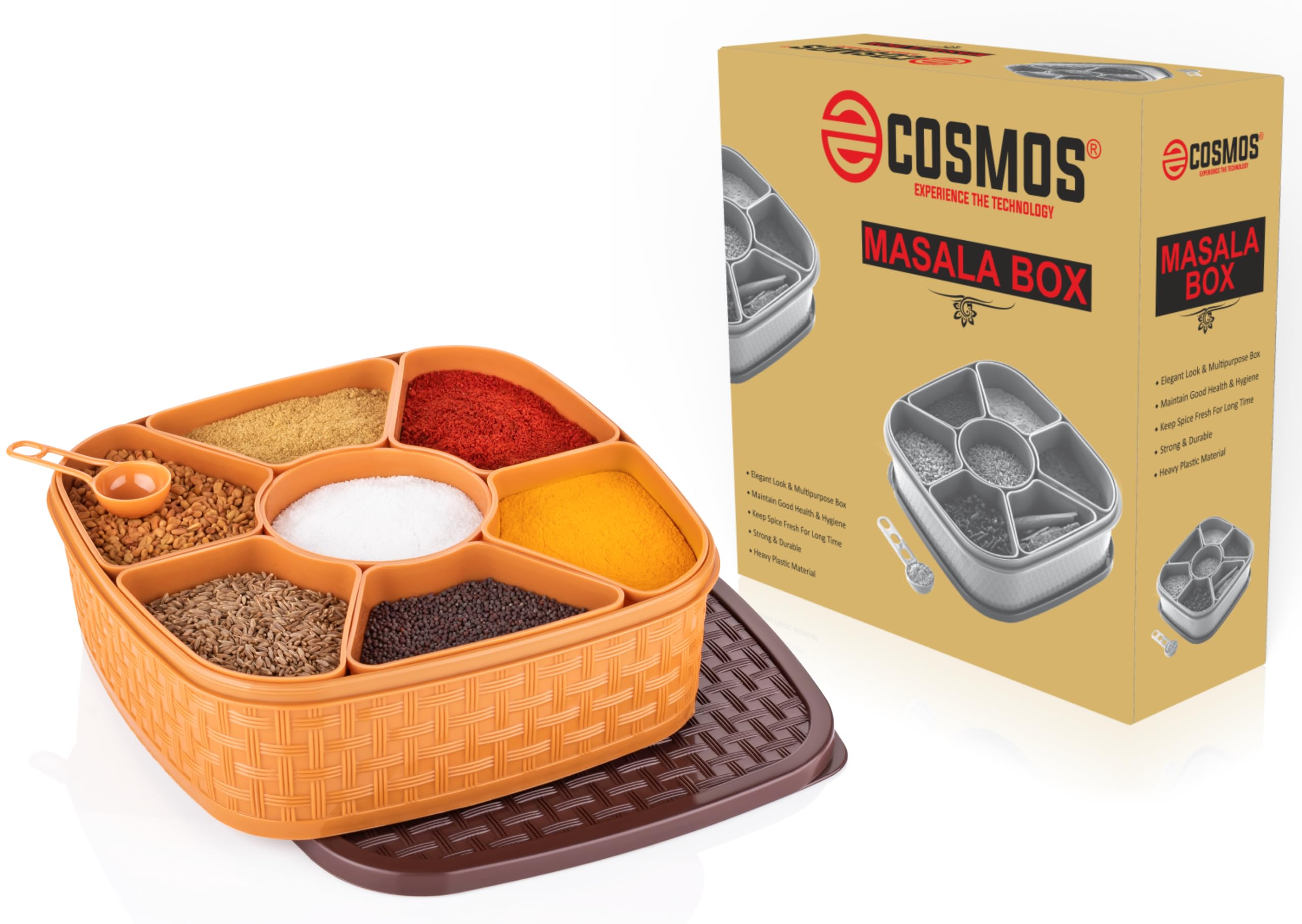 7-Section Plastic Square Masala Box Set - Multipurpose Spice Organizer for Indian Cooking, Rangoli & Storage - Brown (7-in-1) | Perfect for Kitchens, Pantries & Traditional Indian Decor