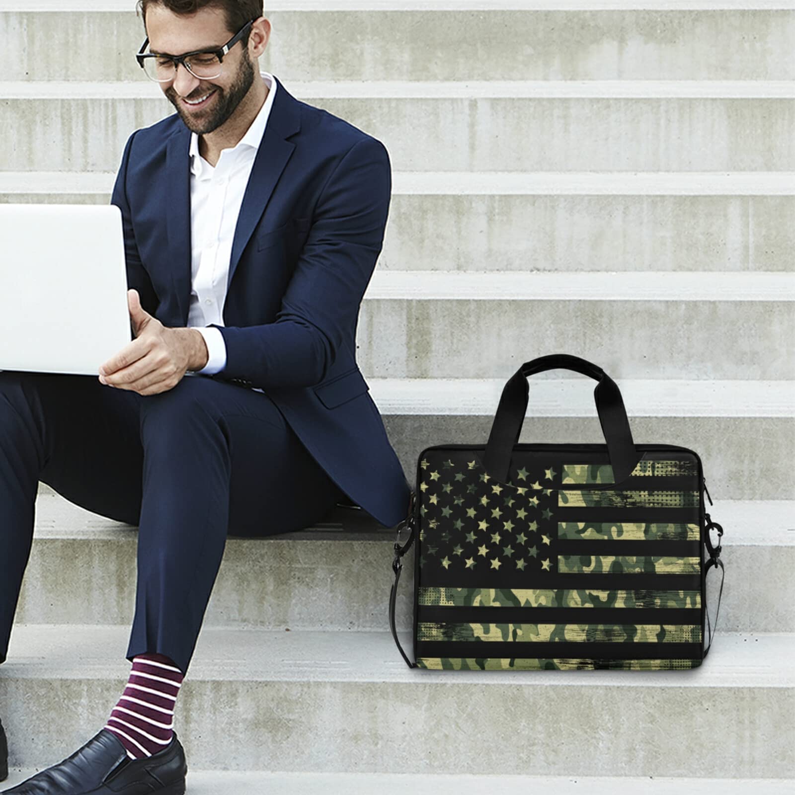 Camouflage Grunge American Flag Laptop Messenger Bag - 13, 14, 15.6 Inch Crossbody Briefcase with Shoulder Strap for Men & Women | Perfect for Work, Travel & School