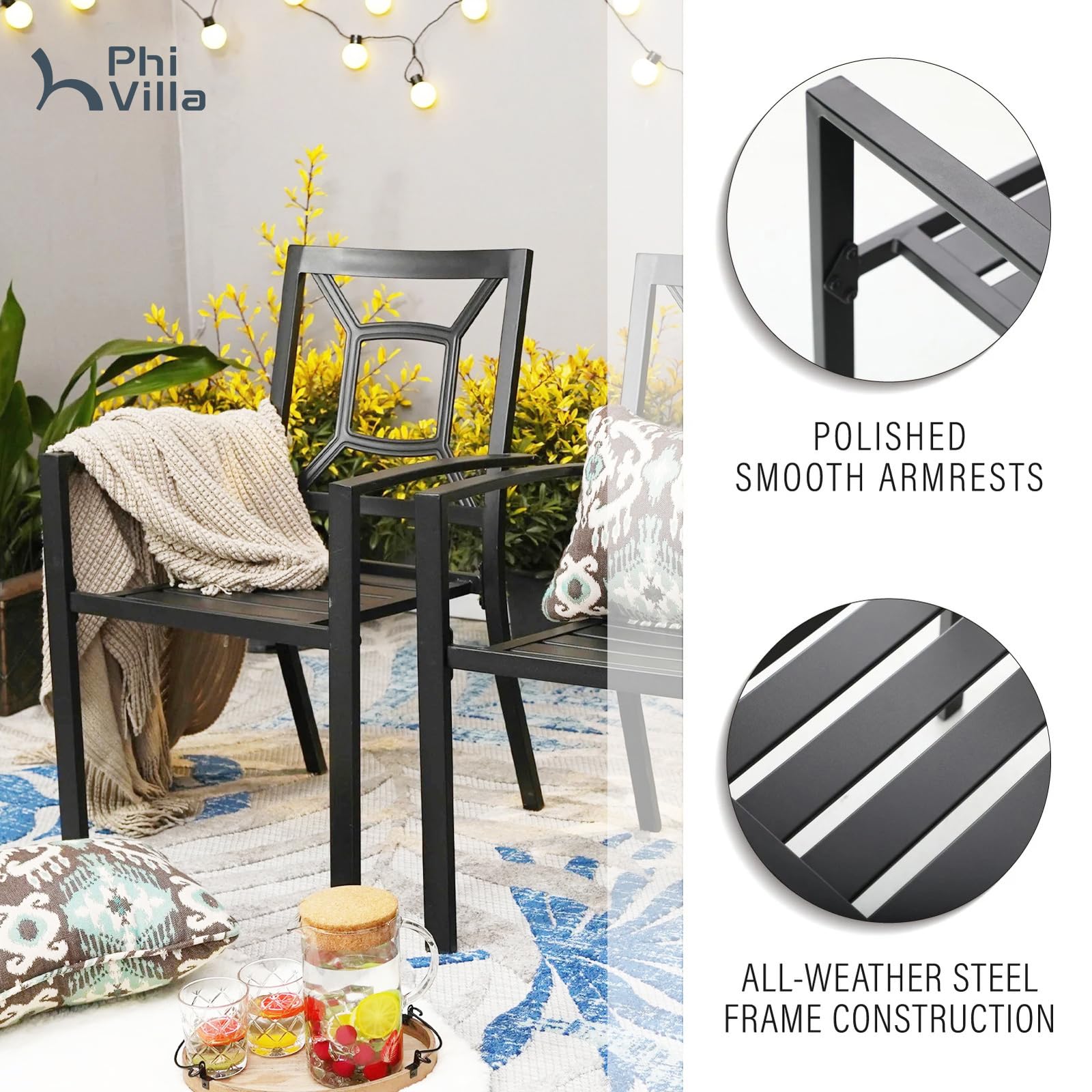 PHI VILLA 3-Piece Outdoor Bistro Set for 2 - Metal Round Coffee Table & Stackable Steel Chairs - Small Patio Dining Set for Garden, Balcony, Backyard - Perfect for Morning Coffee & Outdoor Entertaining